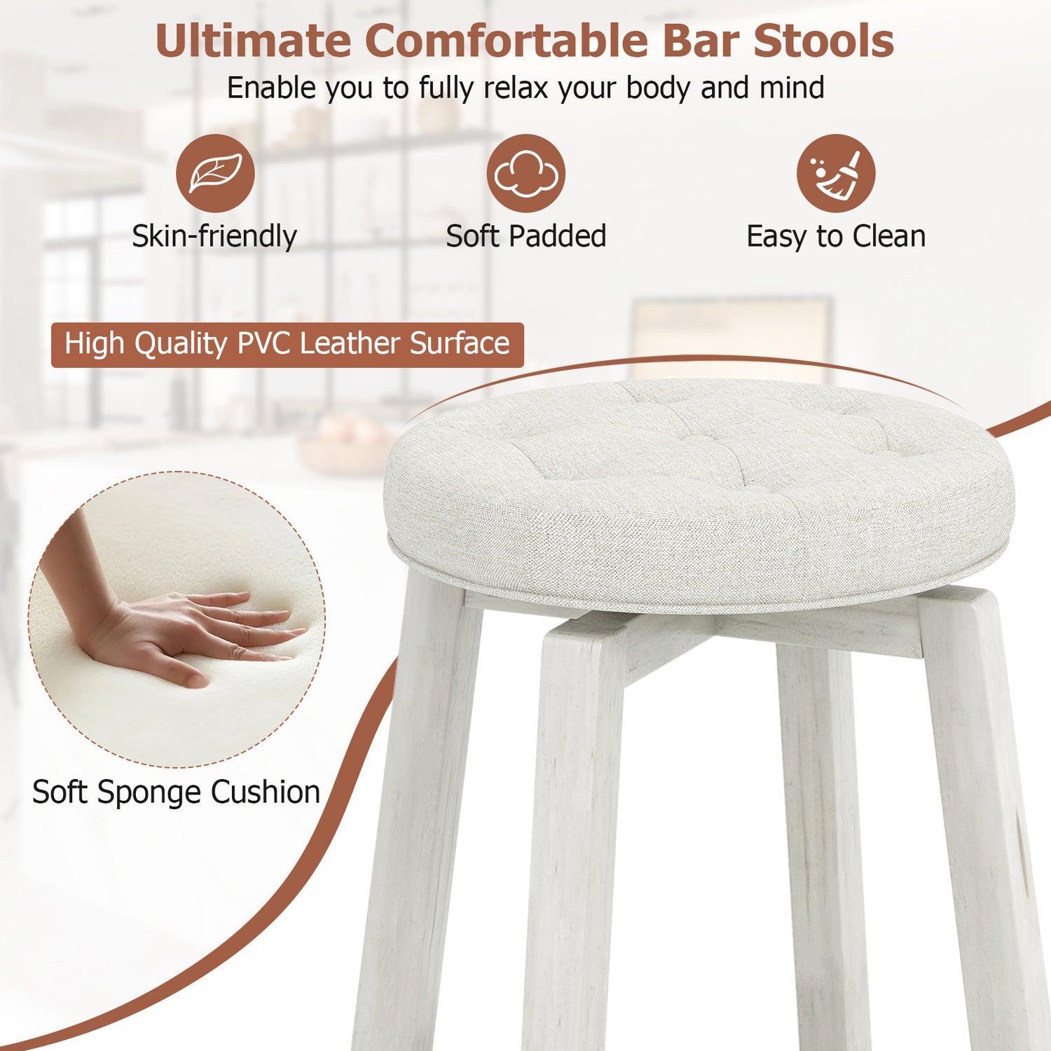 360-Degree Swivel Upholstered Rubberwood Frame Bar Stool Set of 2 with Footrest-24 inches