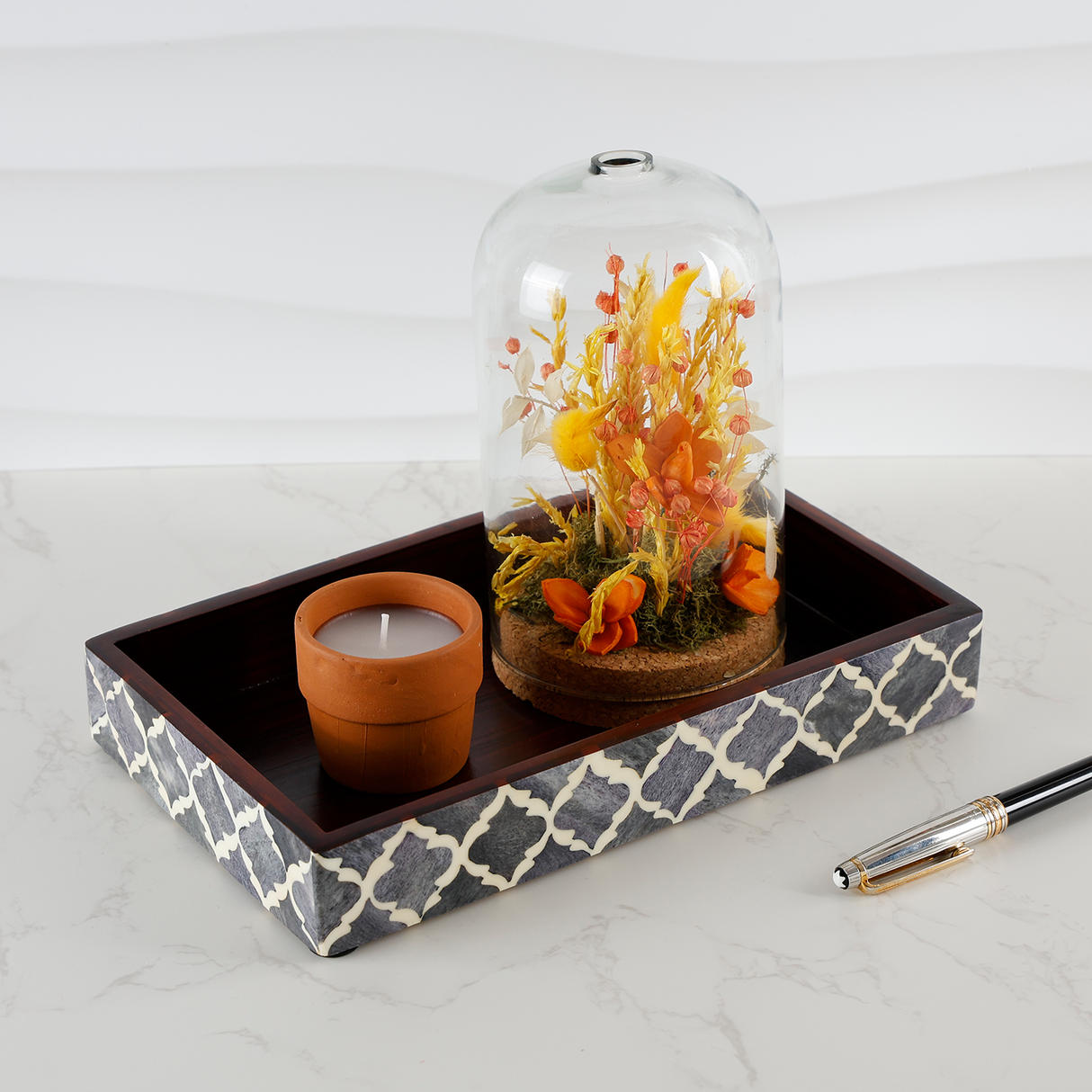 Vanity Trays Moroccan Pattern Bone & Resin Inlay Collection in 10x6, Grey & White