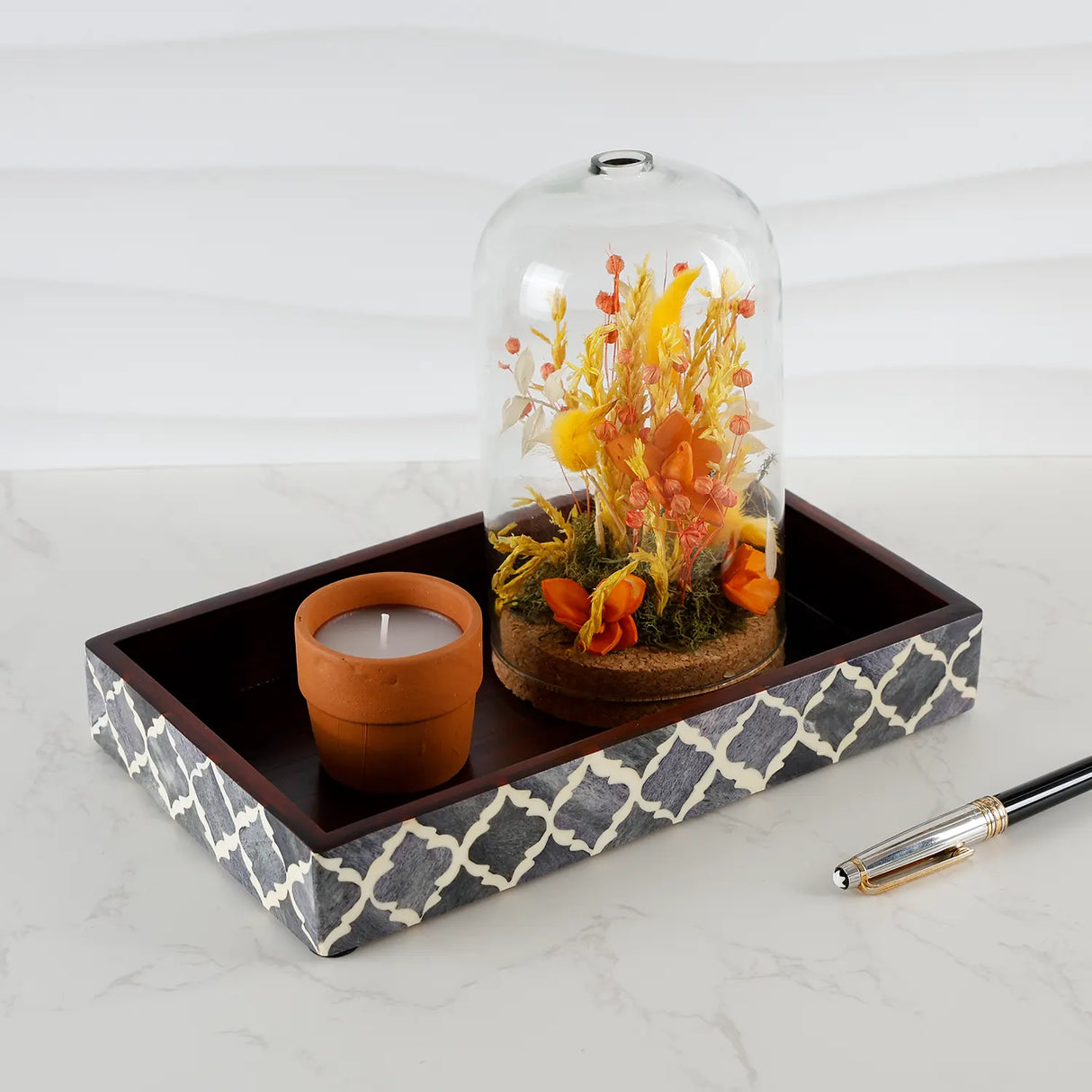 Vanity Trays Moroccan Pattern Bone & Resin Inlay Collection in 10x6, Grey & White