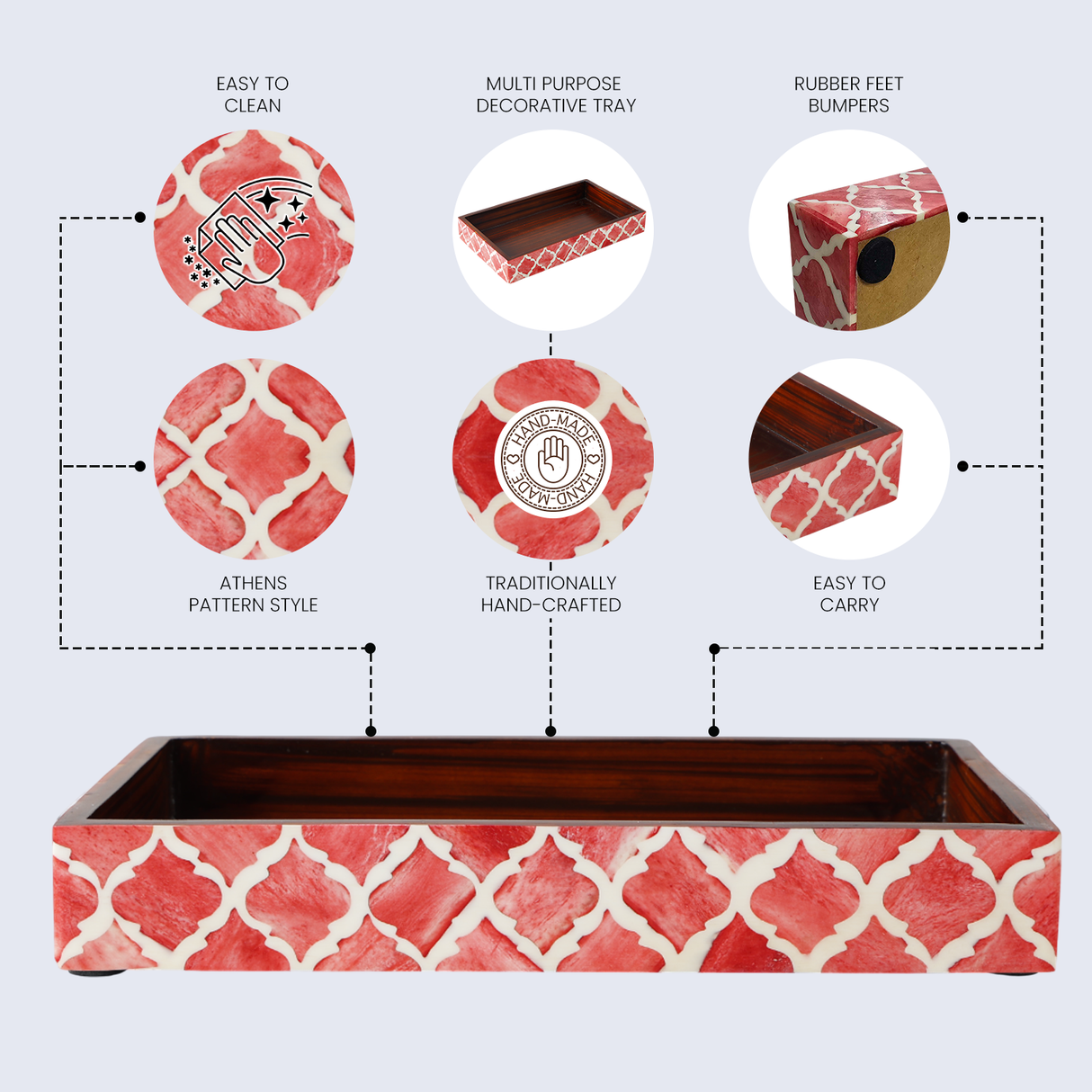 Vanity Trays Moroccan Pattern Bone & Resin Inlay Collection in 10x6, Red & White
