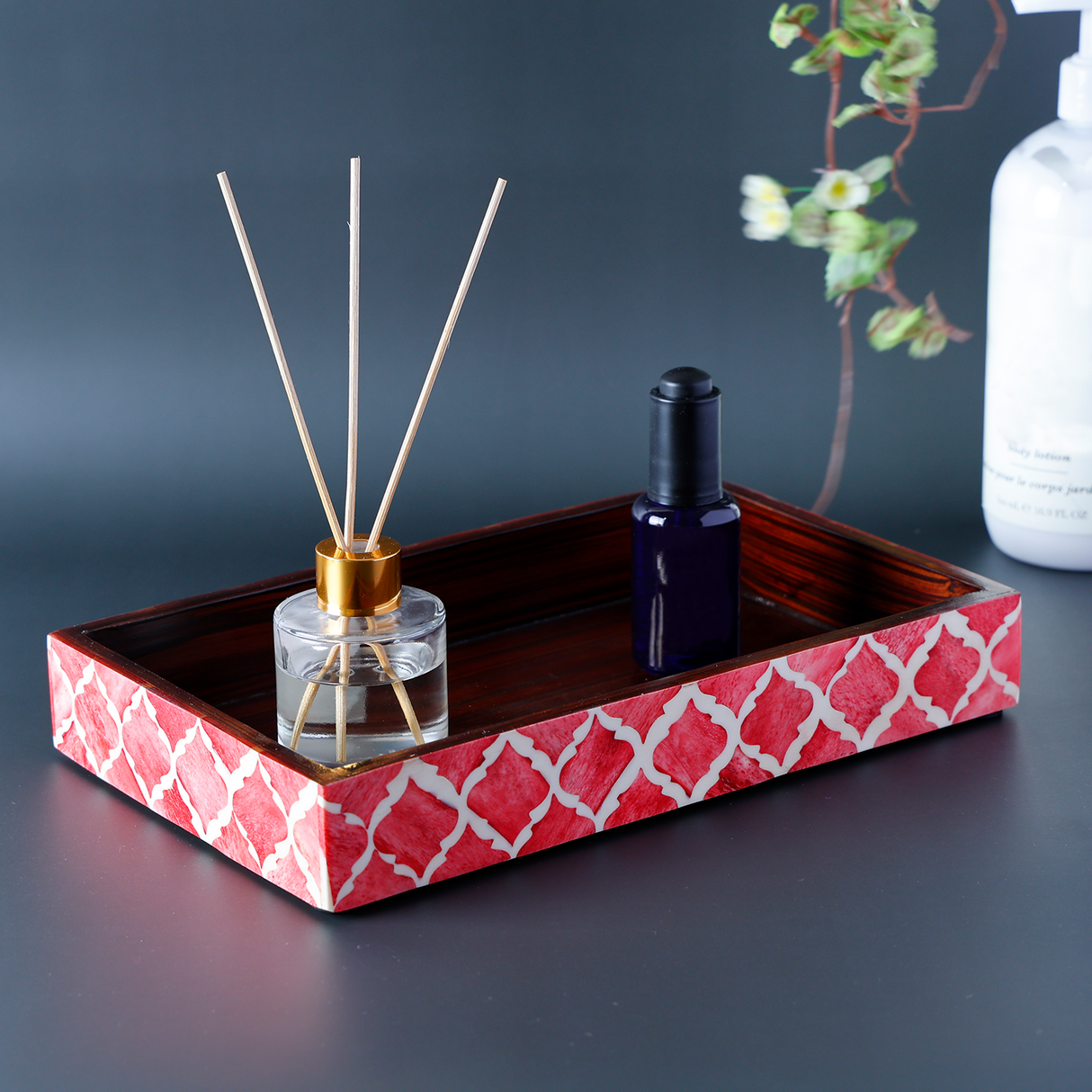 Vanity Trays Moroccan Pattern Bone & Resin Inlay Collection in 10x6, Red & White