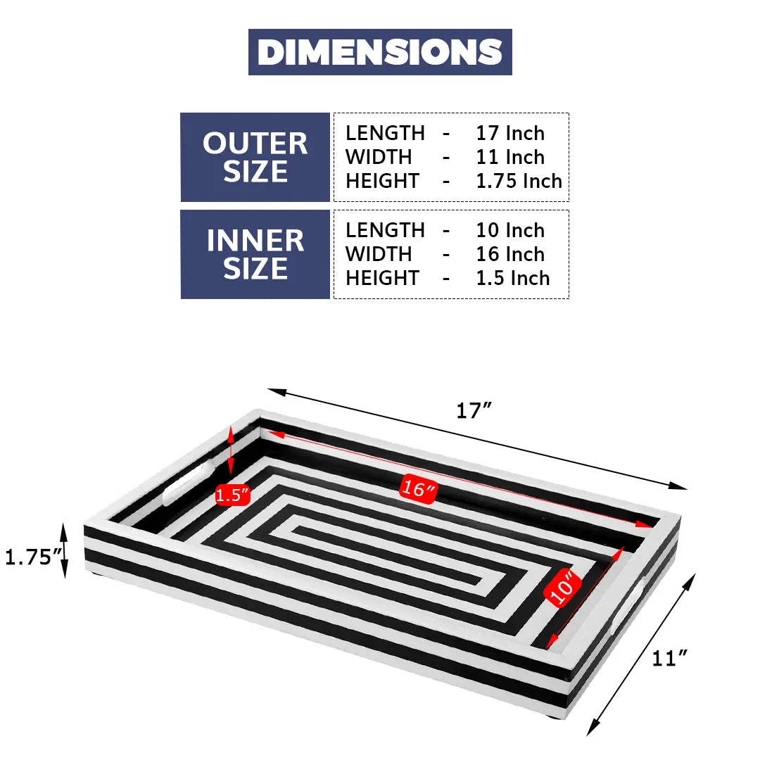 Decorative Tray Concentrics Pattern Resin Inlay Collection in 2 Sizes, Black & White