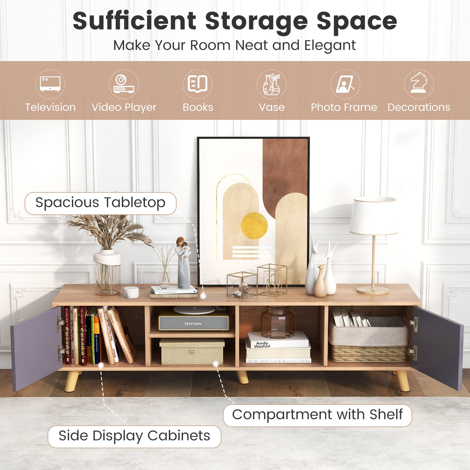 TV Stand Cabinet for TVs up to 65 Inch with Open Shelf for Living Room