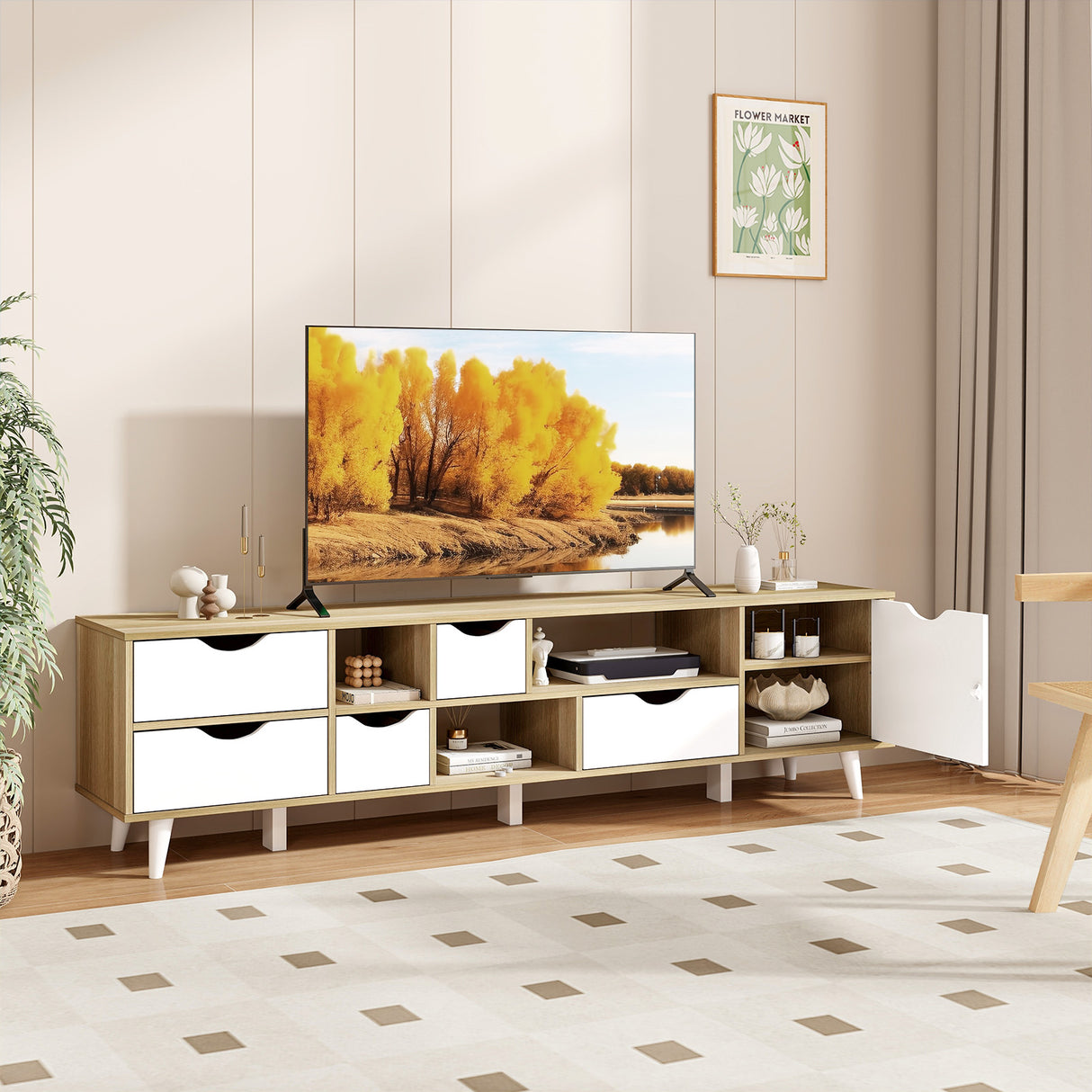 TV Stand for TVs up to 65" Television Cabinet w/ 5 Drawers & 3 Open Shelves-Oak