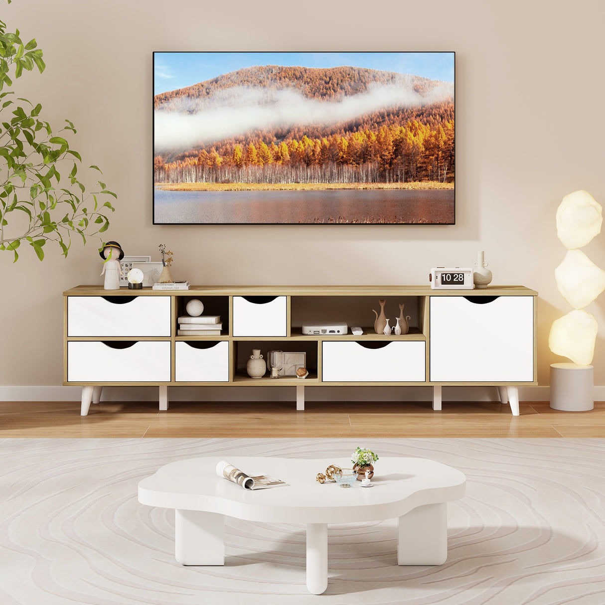TV Stand for TVs up to 65" Television Cabinet w/ 5 Drawers & 3 Open Shelves-Oak