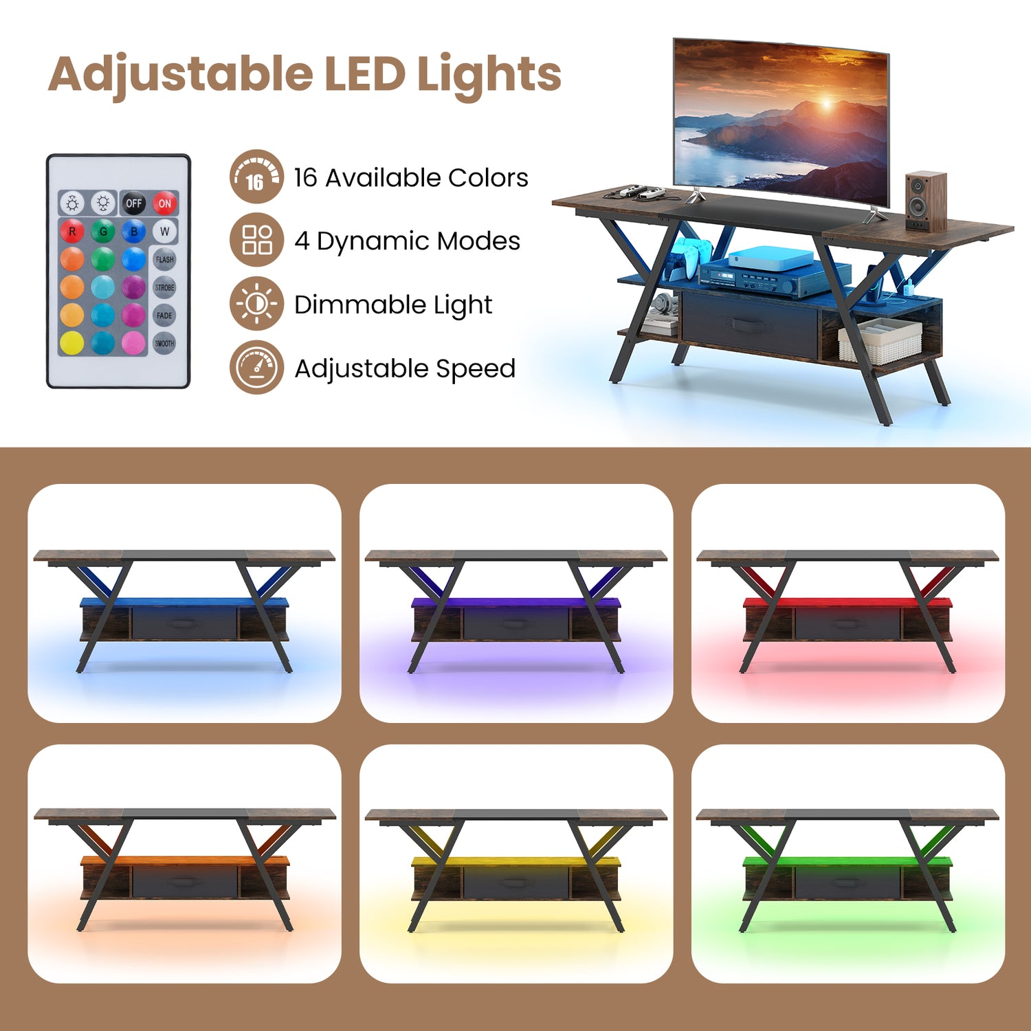 TV Stand for 65 Inch TVs with Power Outlets and LED Lights