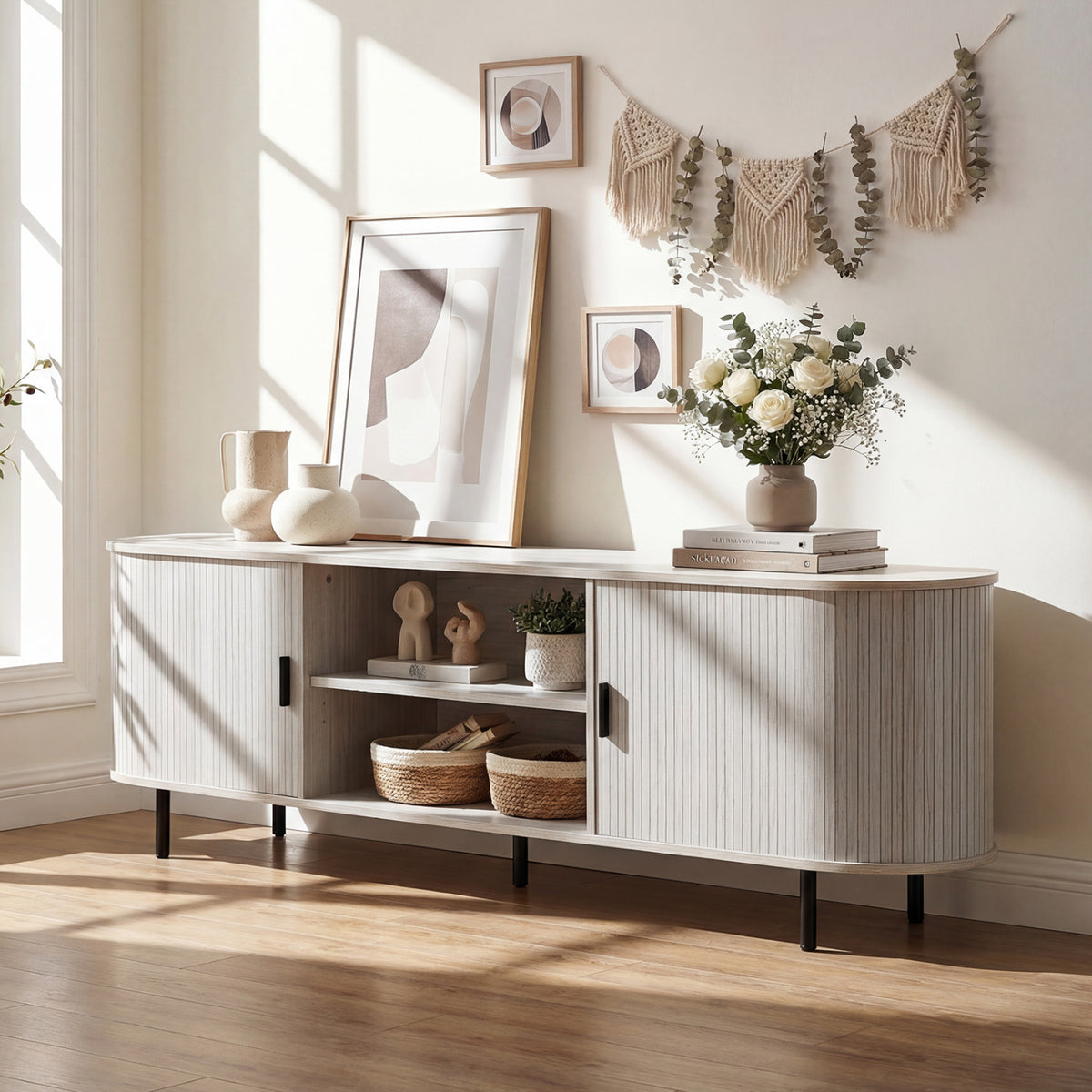 TV Stand for 80 Inch TVs Mid Century Modern Entertainment Center with Fluted Sliding Doors