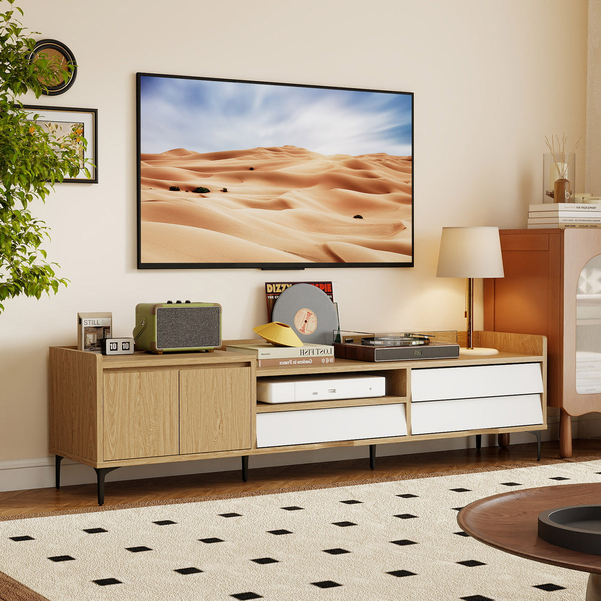 TV Stand for TVs up to 80 Inch Mid Century Modern Entertainment Center with Storage Cabinet-Natural