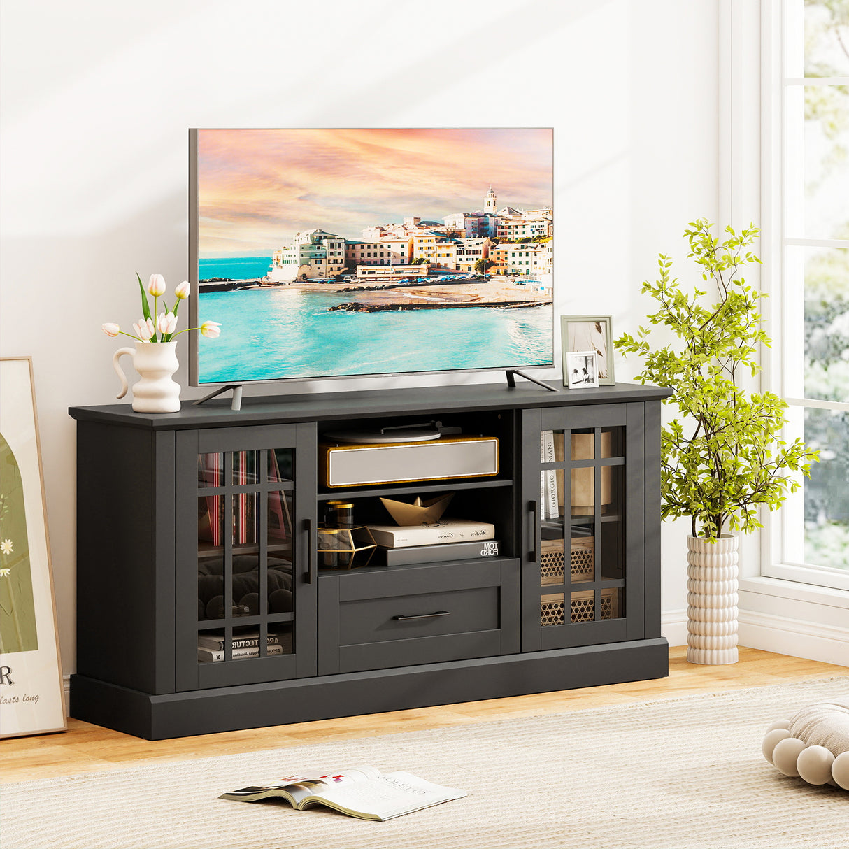 TV Stand for TVs up to 70  with Glass Doors Cubbies and Drawer