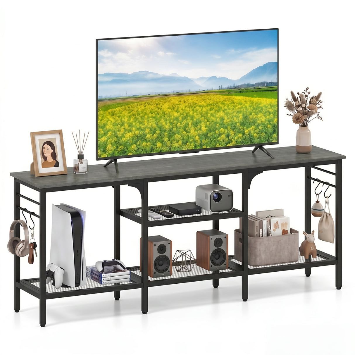 TV Stand for TVs up to 65 Inch with 3-Tier Open Shelves and 4 Hooks