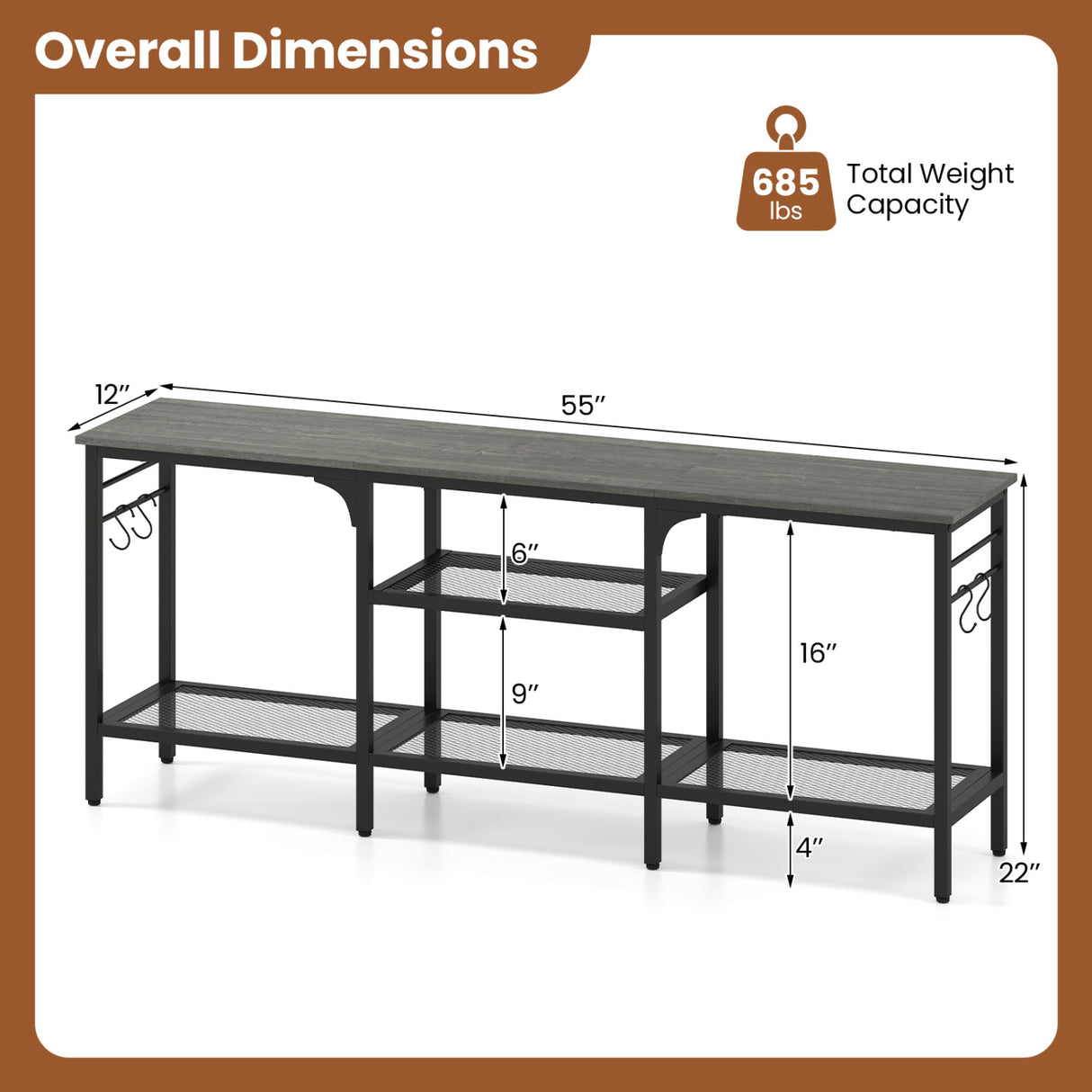 TV Stand for TVs up to 65 Inch with 3-Tier Open Shelves and 4 Hooks
