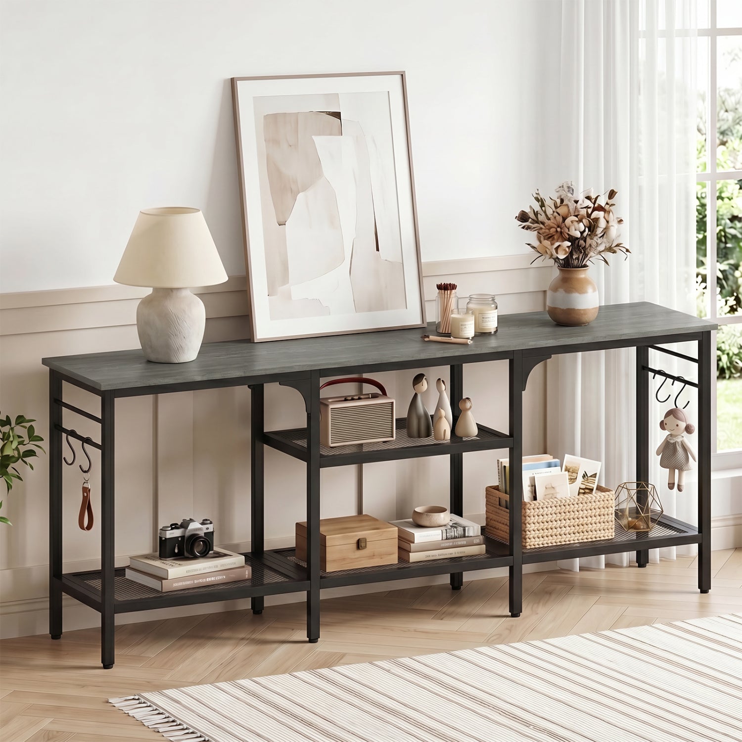 TV Stand for TVs up to 65 Inch with 3-Tier Open Shelves and 4 Hooks