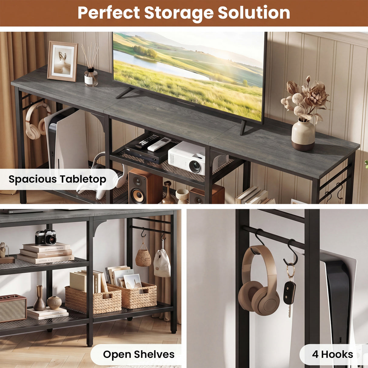 TV Stand for TVs up to 65 Inch with 3-Tier Open Shelves and 4 Hooks