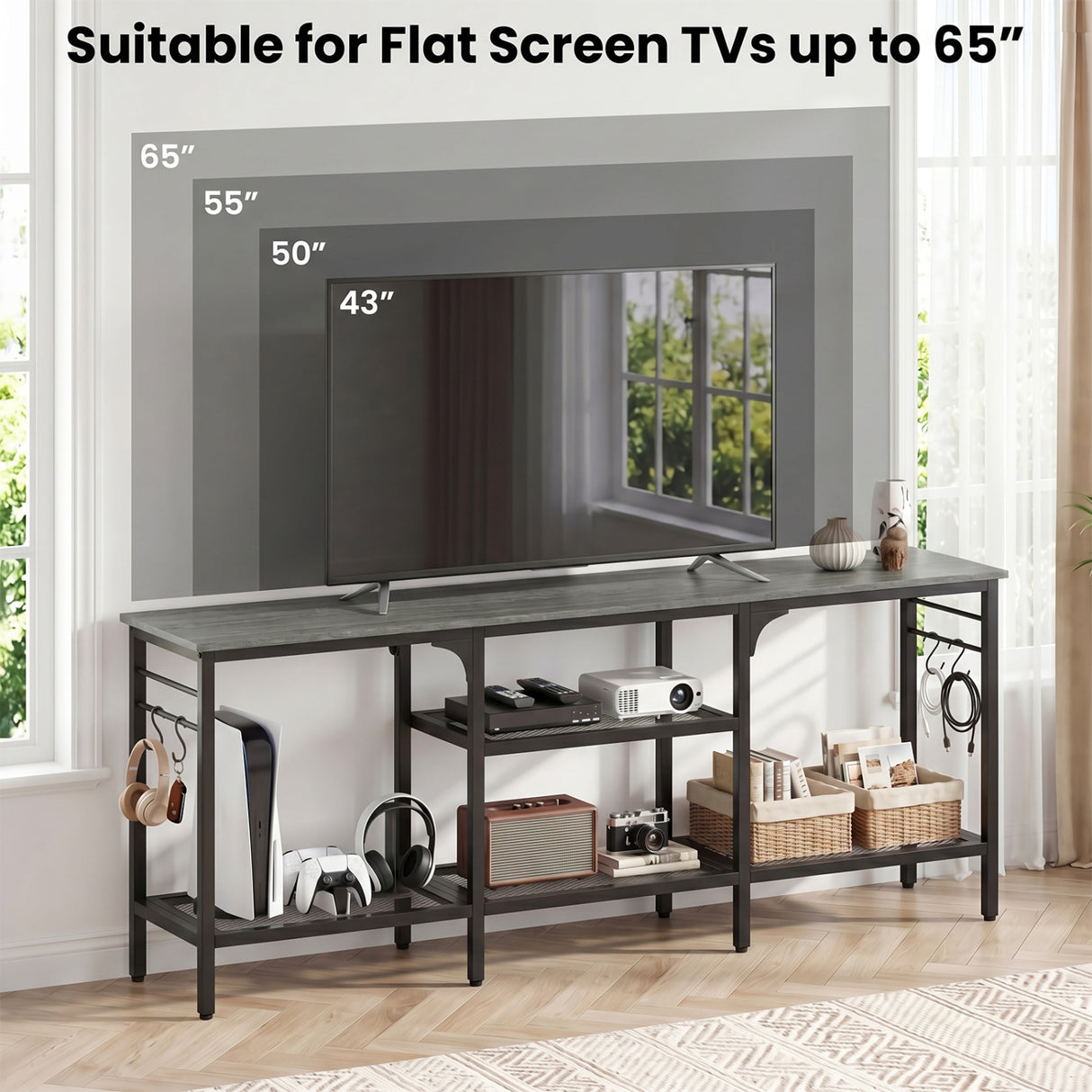TV Stand for TVs up to 65 Inch with 3-Tier Open Shelves and 4 Hooks