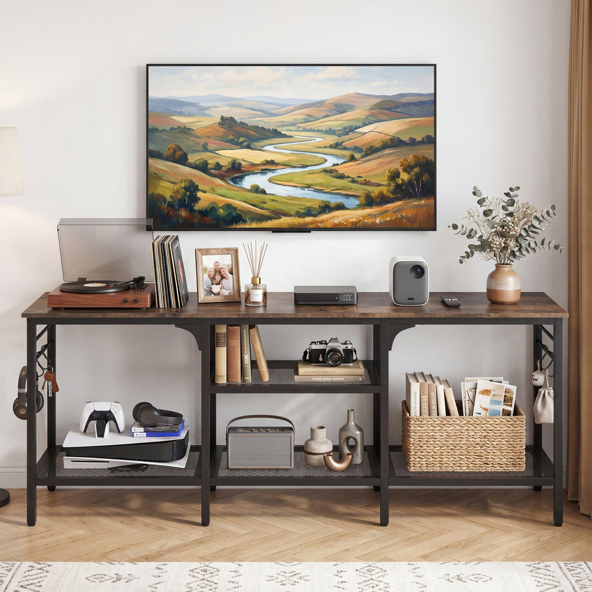 TV Stand for TVs up to 65 Inch with 3-Tier Open Shelves and 4 Hooks