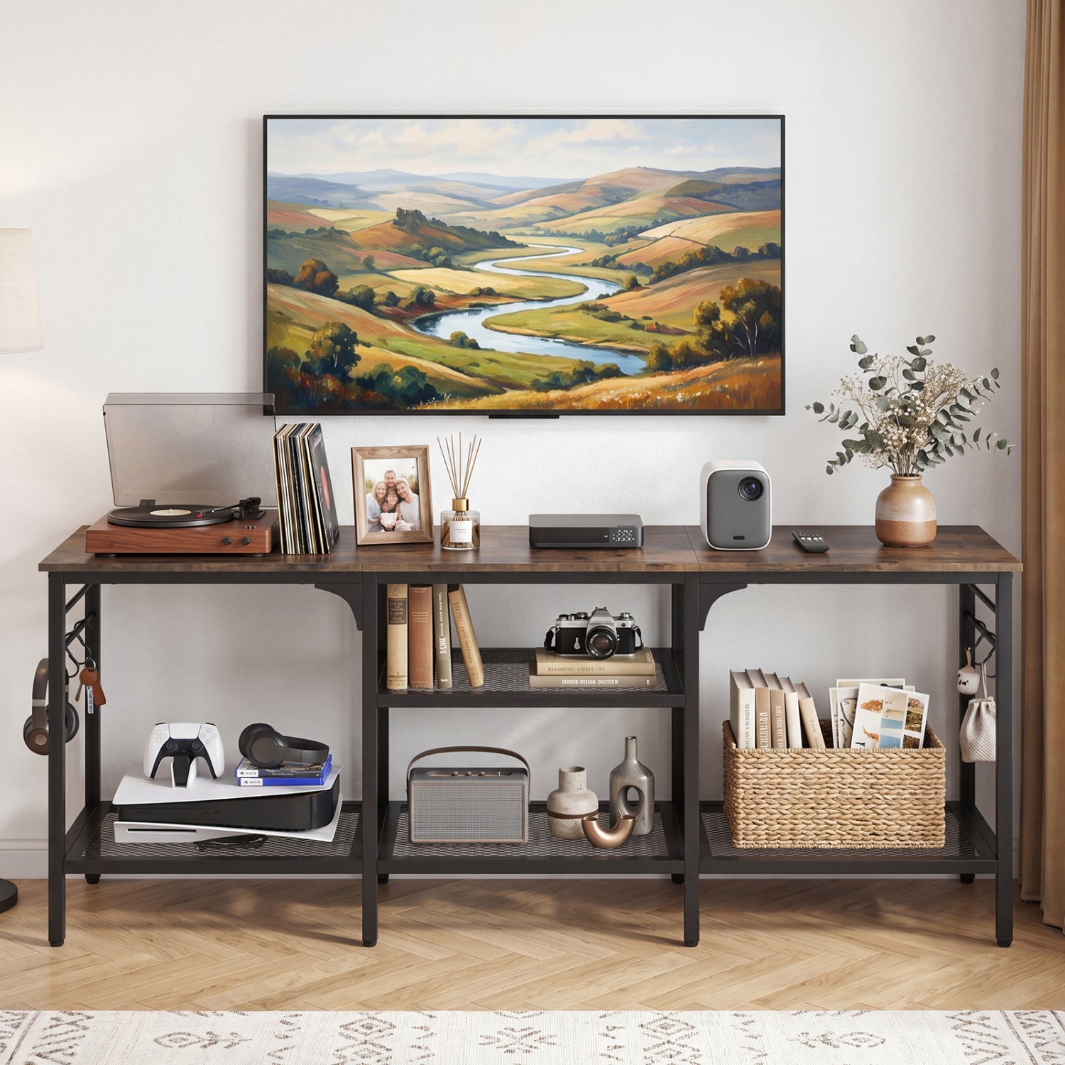 TV Stand for TVs up to 65 Inch with 3-Tier Open Shelves and 4 Hooks