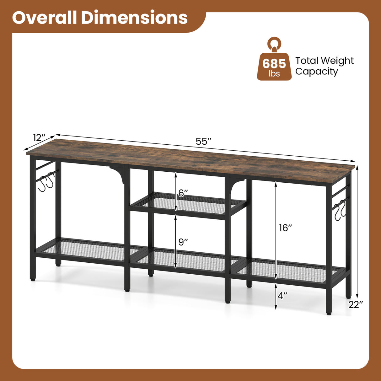 TV Stand for TVs up to 65 Inch with 3-Tier Open Shelves and 4 Hooks