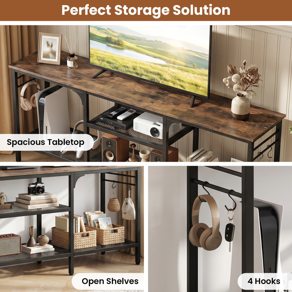 TV Stand for TVs up to 65 Inch with 3-Tier Open Shelves and 4 Hooks