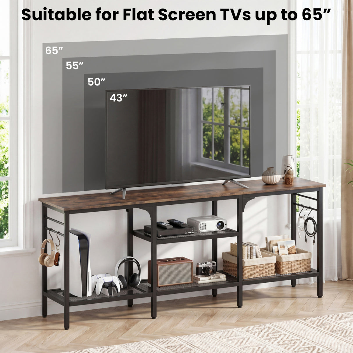 TV Stand for TVs up to 65 Inch with 3-Tier Open Shelves and 4 Hooks