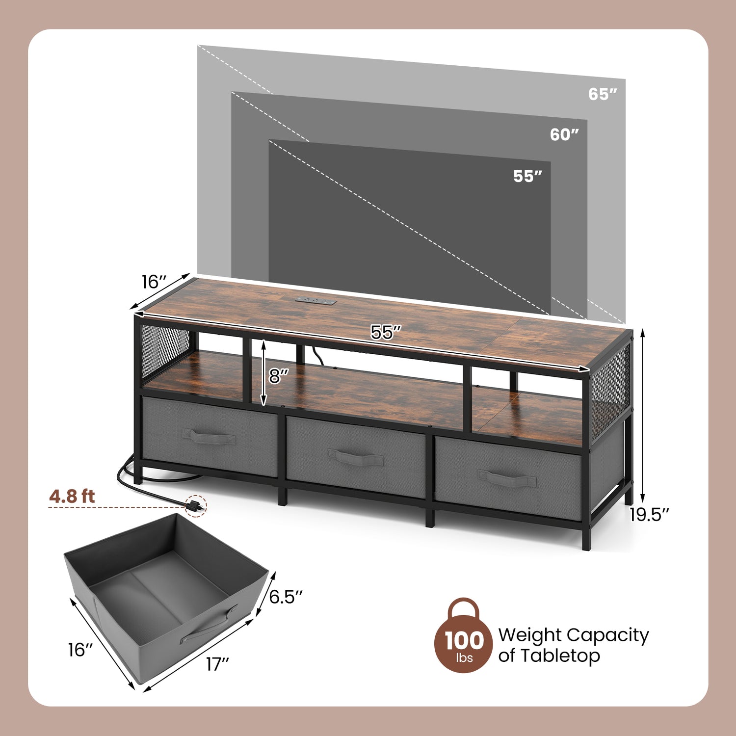 TV Stand for TVs up to 65 Inches with Power Outlets USB Charging