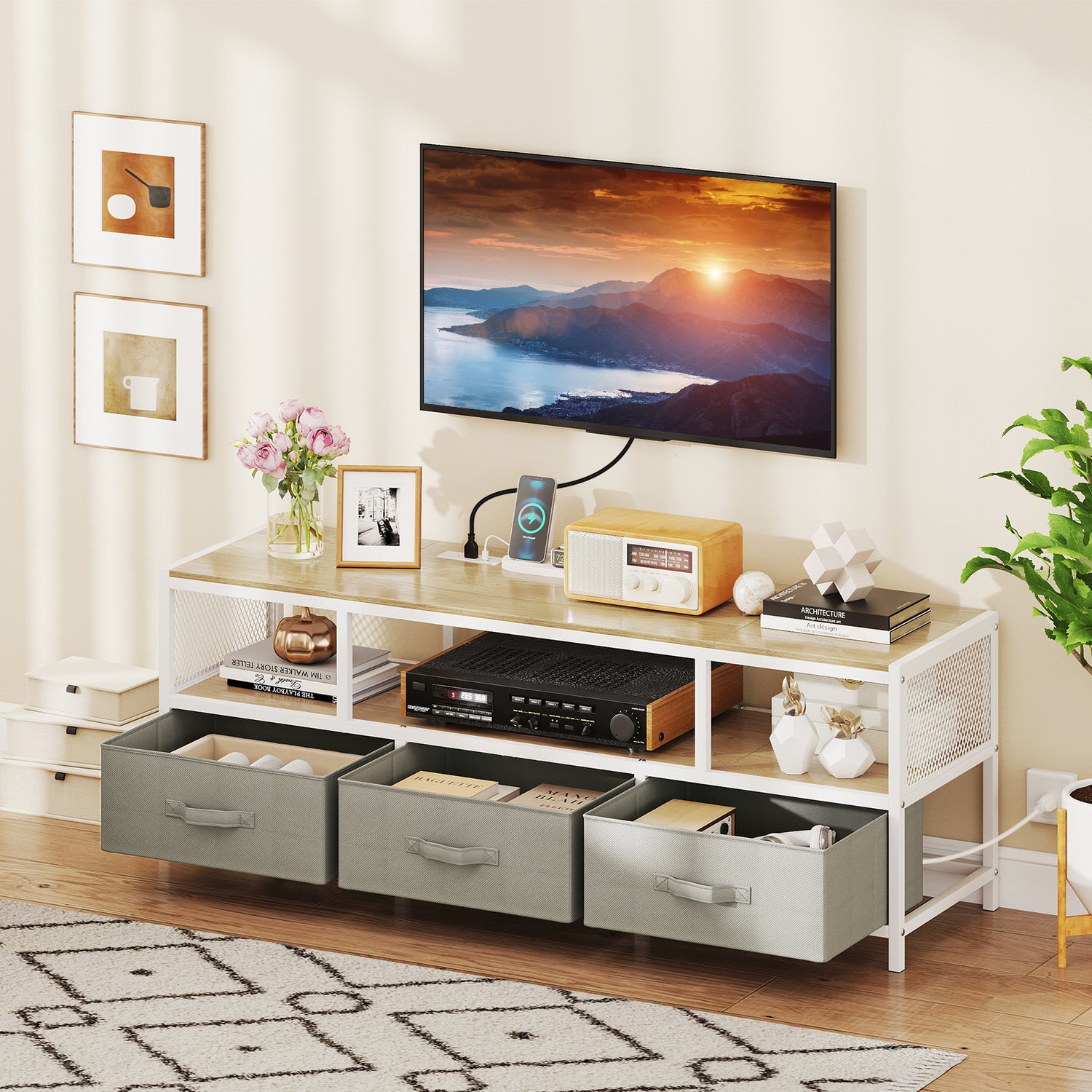 TV Stand for TVs up to 65 Inches with Power Outlets USB Charging