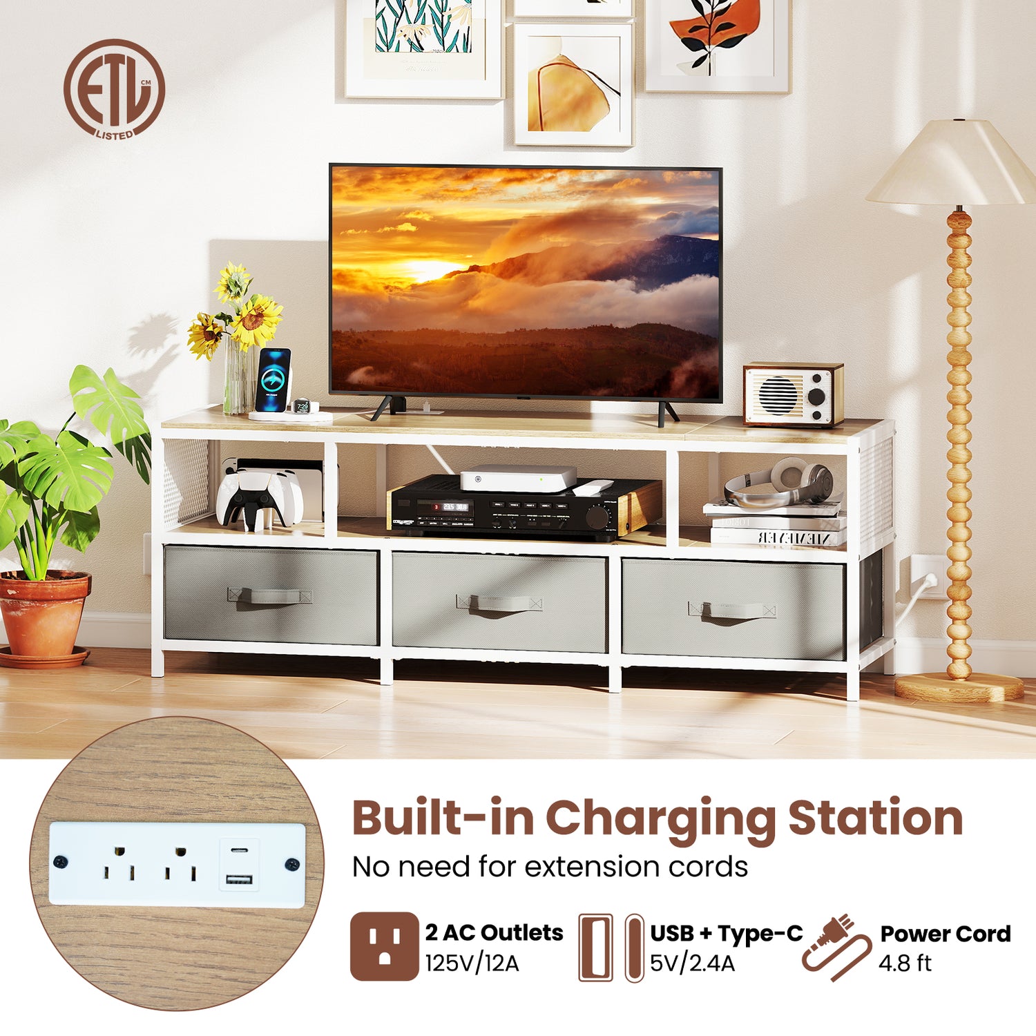 TV Stand for TVs up to 65 Inches with Power Outlets USB Charging
