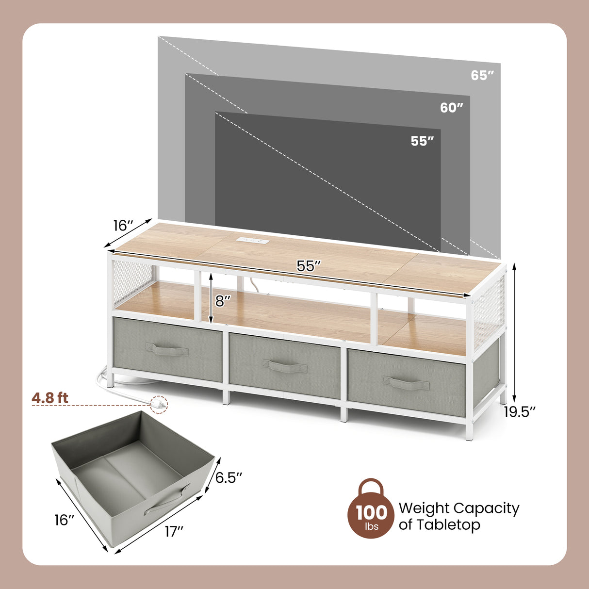 TV Stand for TVs up to 65 Inches with Power Outlets USB Charging