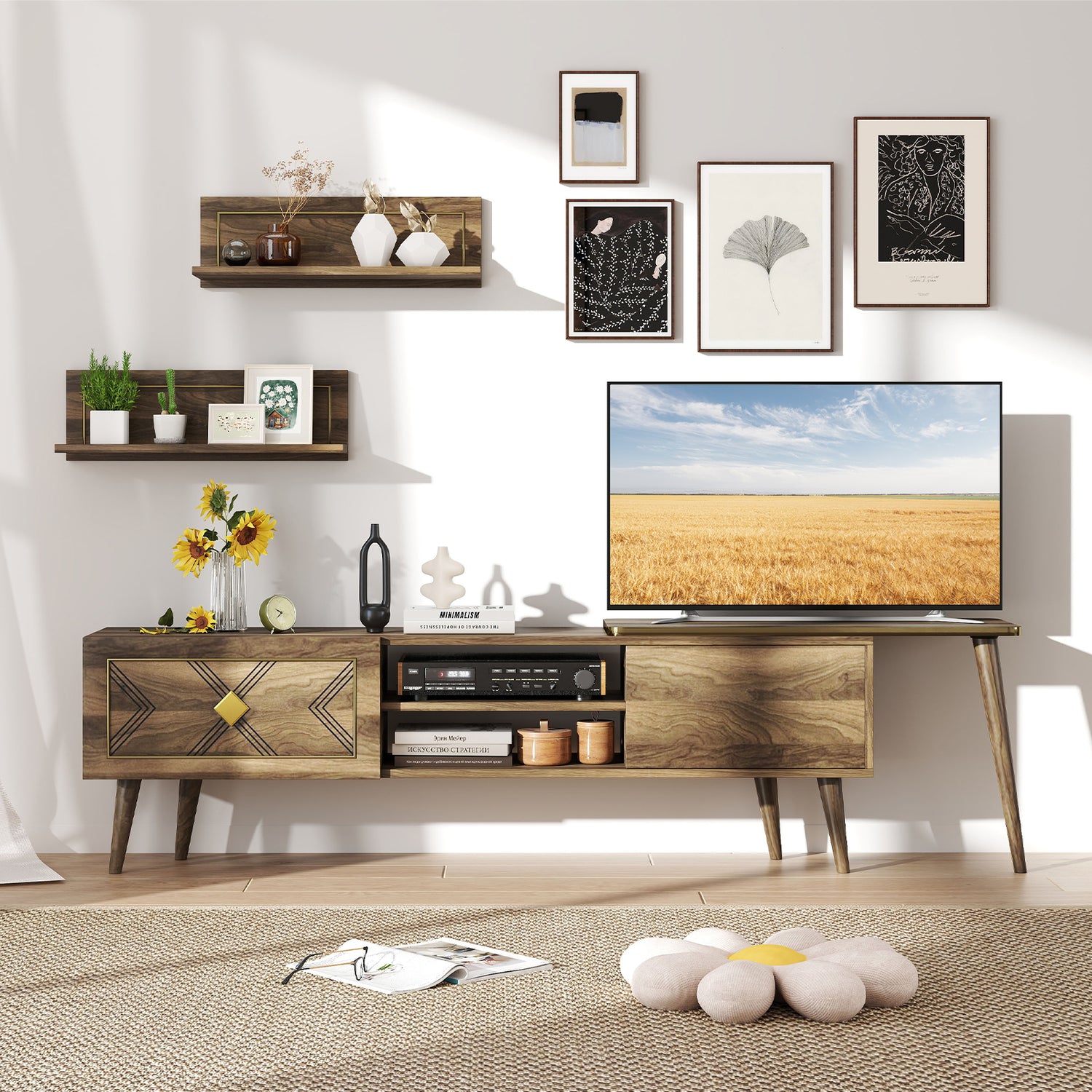 Mid-century Modern TV Stand for TVs up to 85 Inch with Open Compartments-Walnut