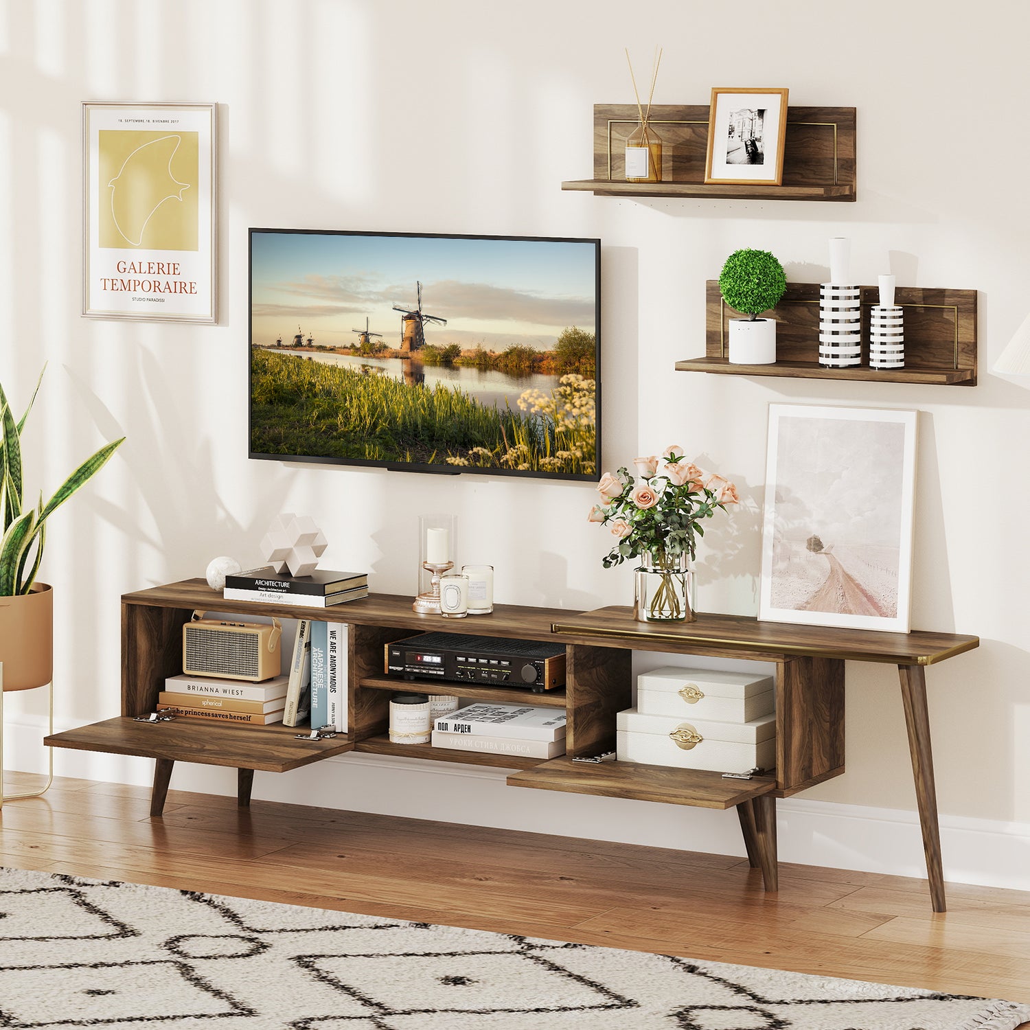 Mid-century Modern TV Stand for TVs up to 85 Inch with Open Compartments-Walnut