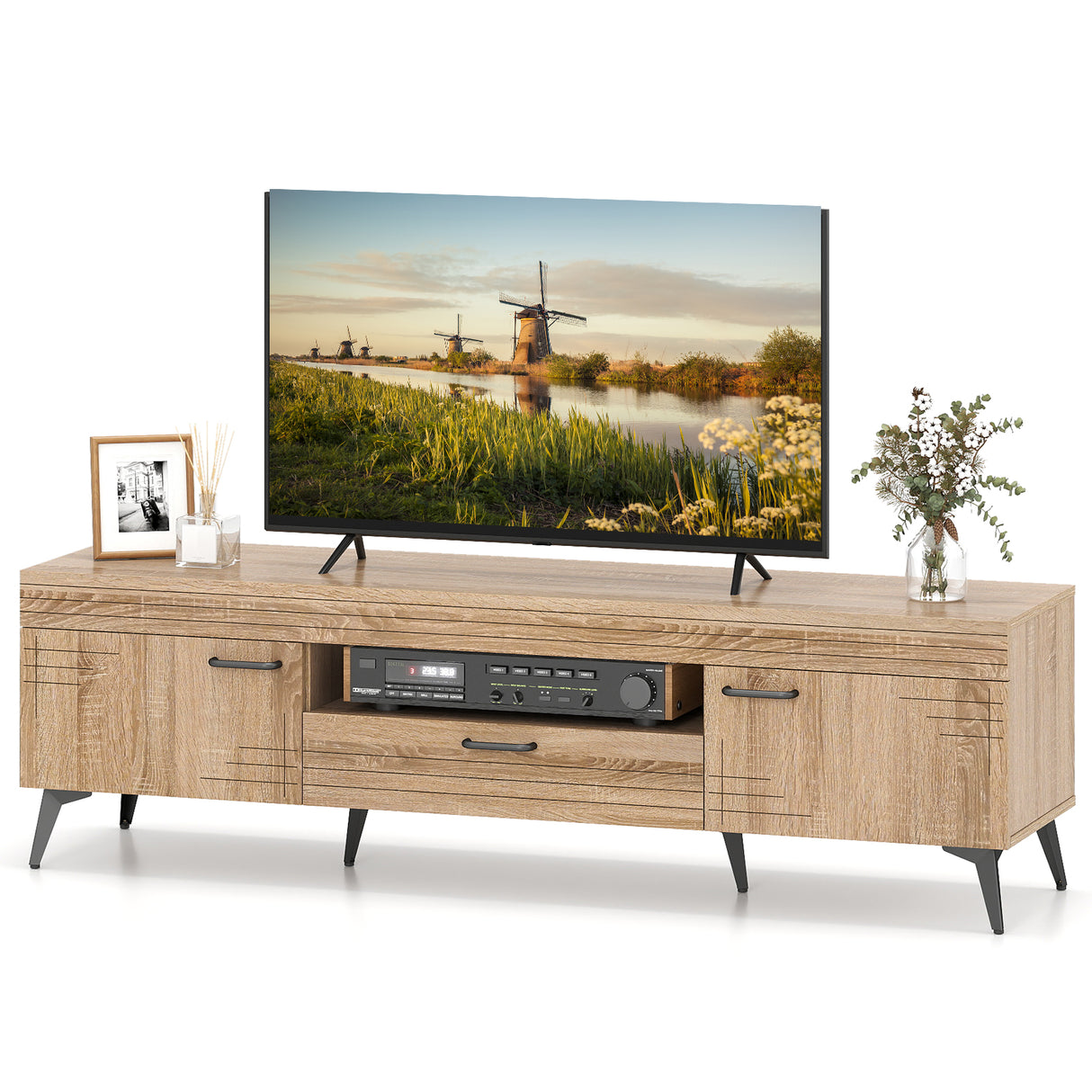 TV Stand with 2 Cabinets and Storage Drawer for 65 Inches TVs-Oak