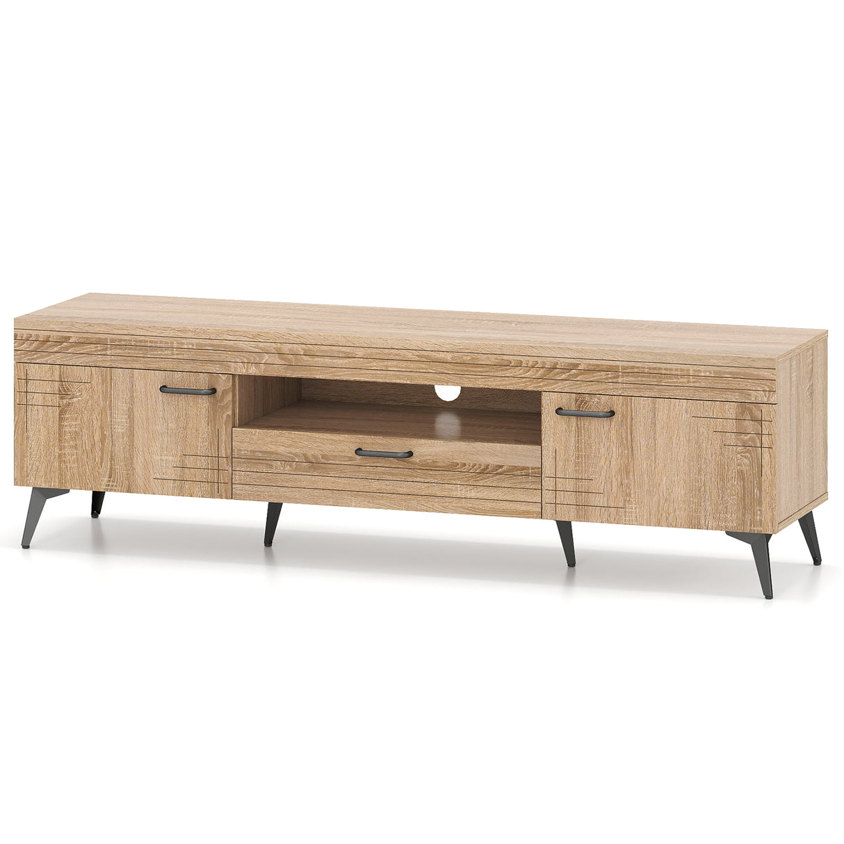 TV Stand with 2 Cabinets and Storage Drawer for 65 Inches TVs-Oak