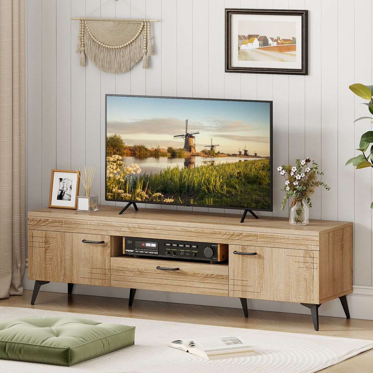 TV Stand with 2 Cabinets and Storage Drawer for 65 Inches TVs-Oak