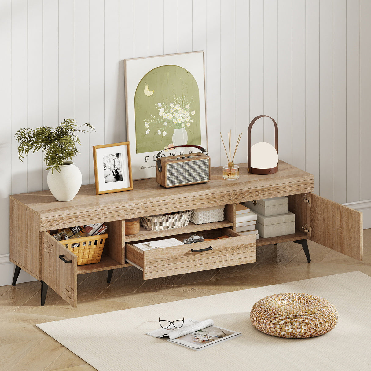 TV Stand with 2 Cabinets and Storage Drawer for 65 Inches TVs-Oak