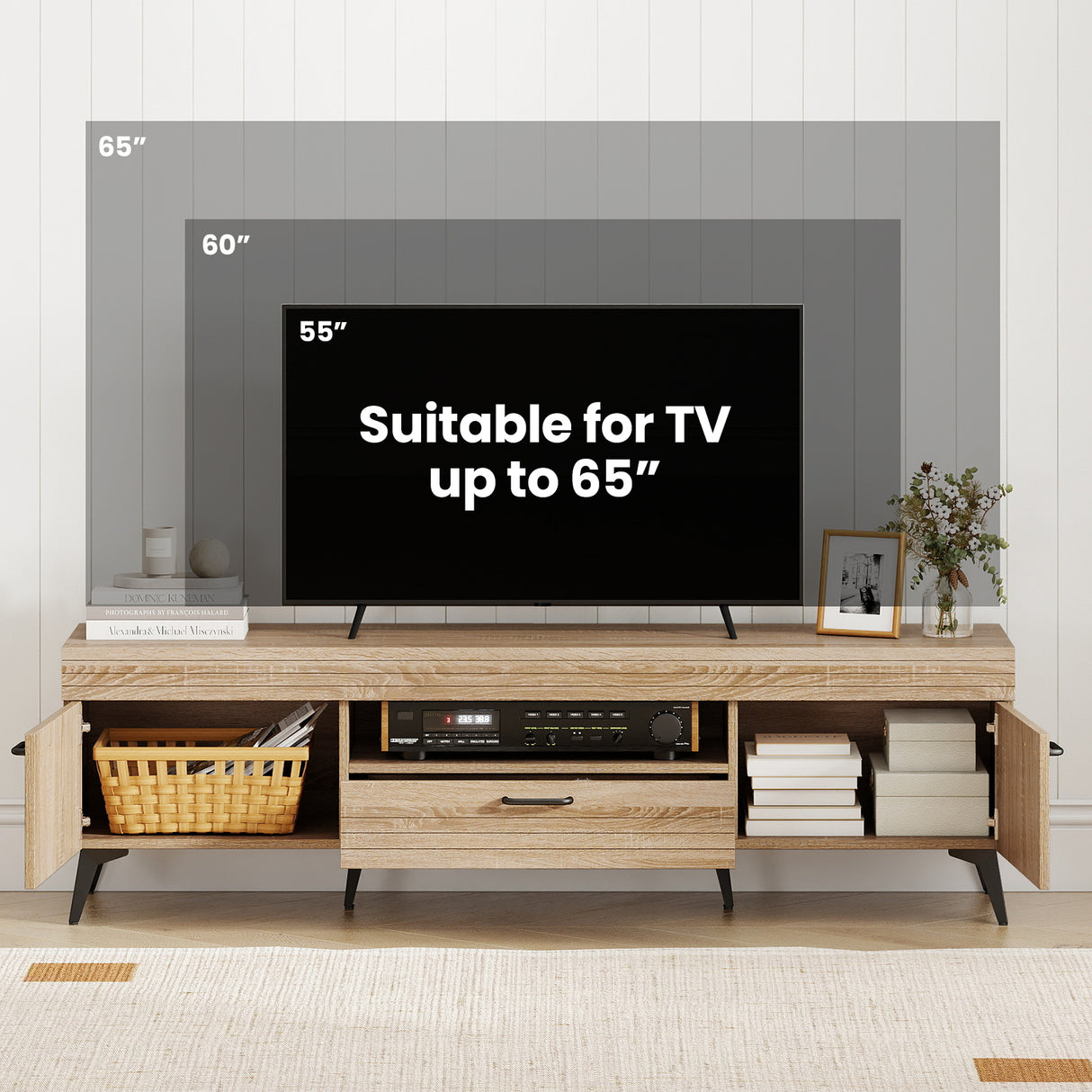 TV Stand with 2 Cabinets and Storage Drawer for 65 Inches TVs-Oak