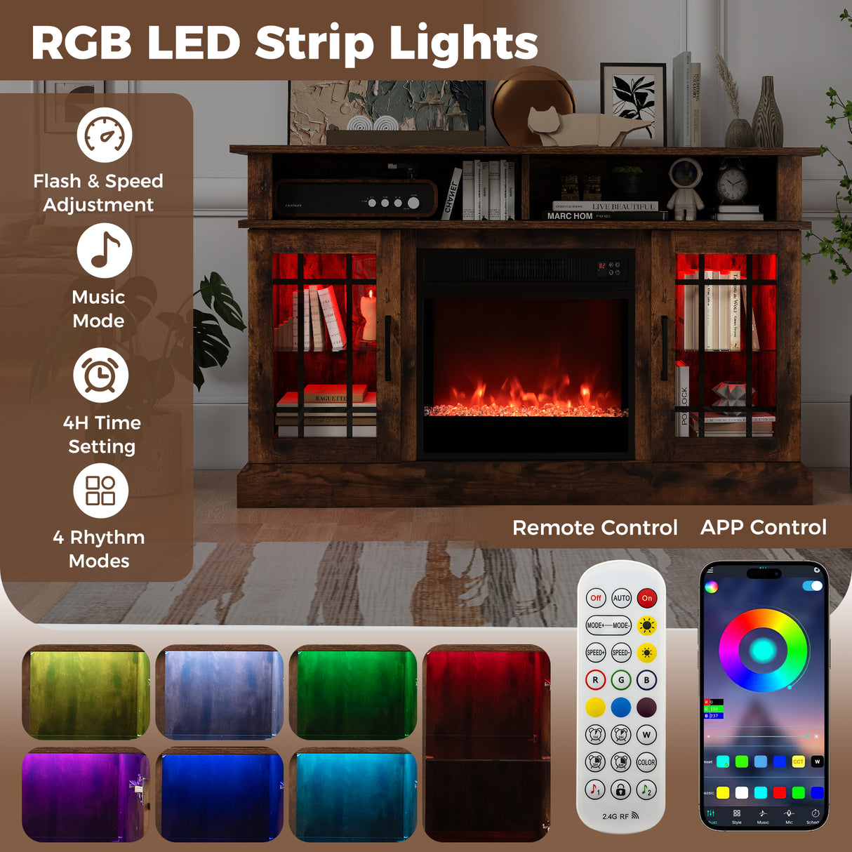 TV Stand with Electric Fireplace LED Lights and Remote Controls for TVs Up to 40 Inch