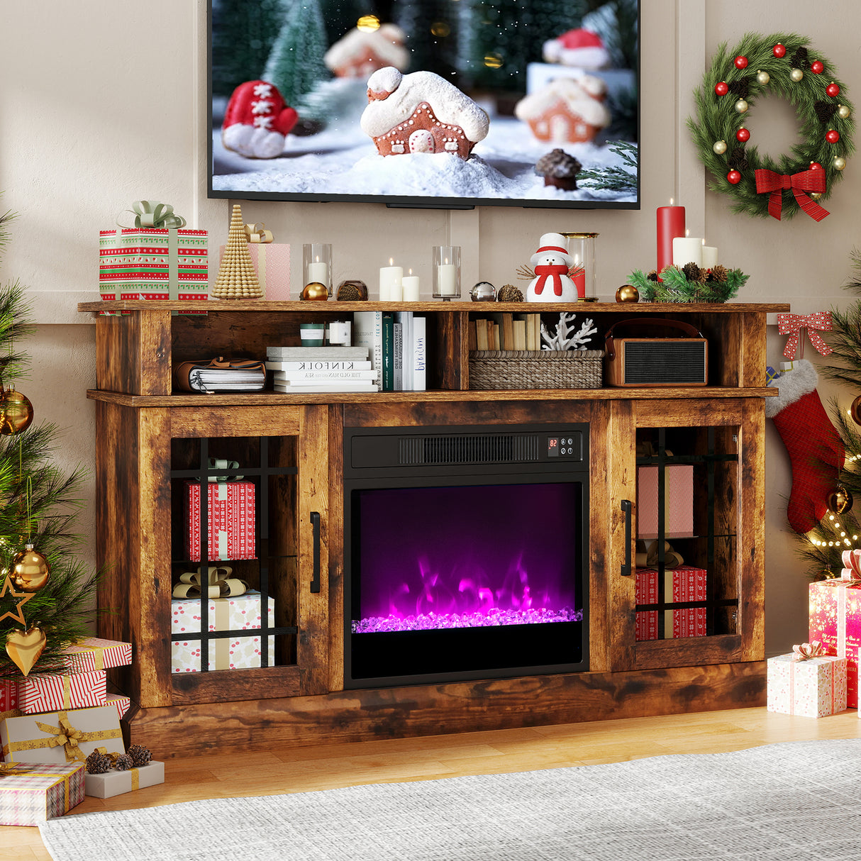 TV Stand with Electric Fireplace LED Lights and Remote Controls for TVs Up to 40 Inch