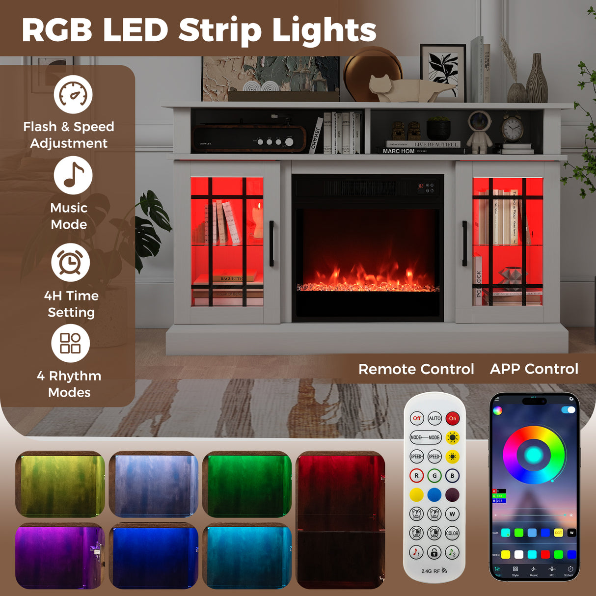 TV Stand with Electric Fireplace LED Lights and Remote Controls for TVs Up to 40 Inch