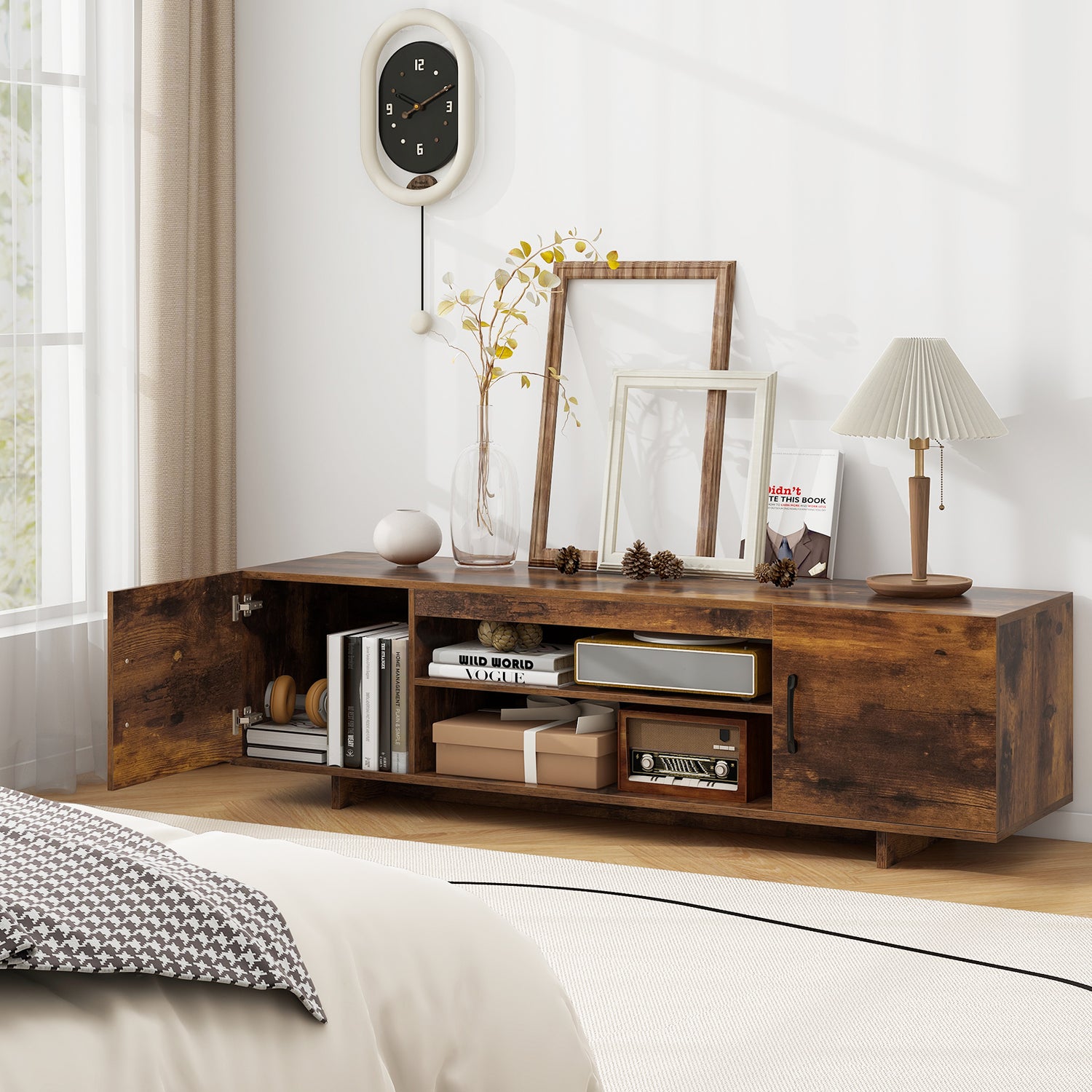 TV Stand with Power Outlet and 2 Cable Holes for 65 Inch TVs