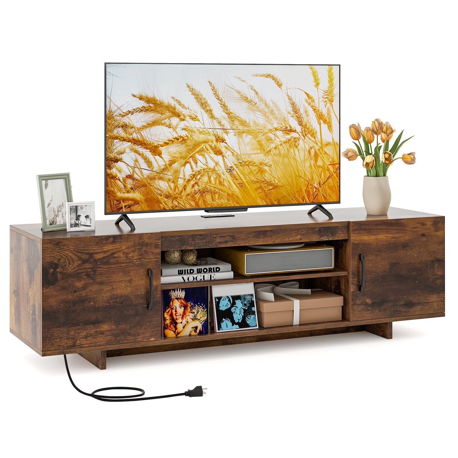 TV Stand with Power Outlet and 2 Cable Holes for 65 Inch TVs