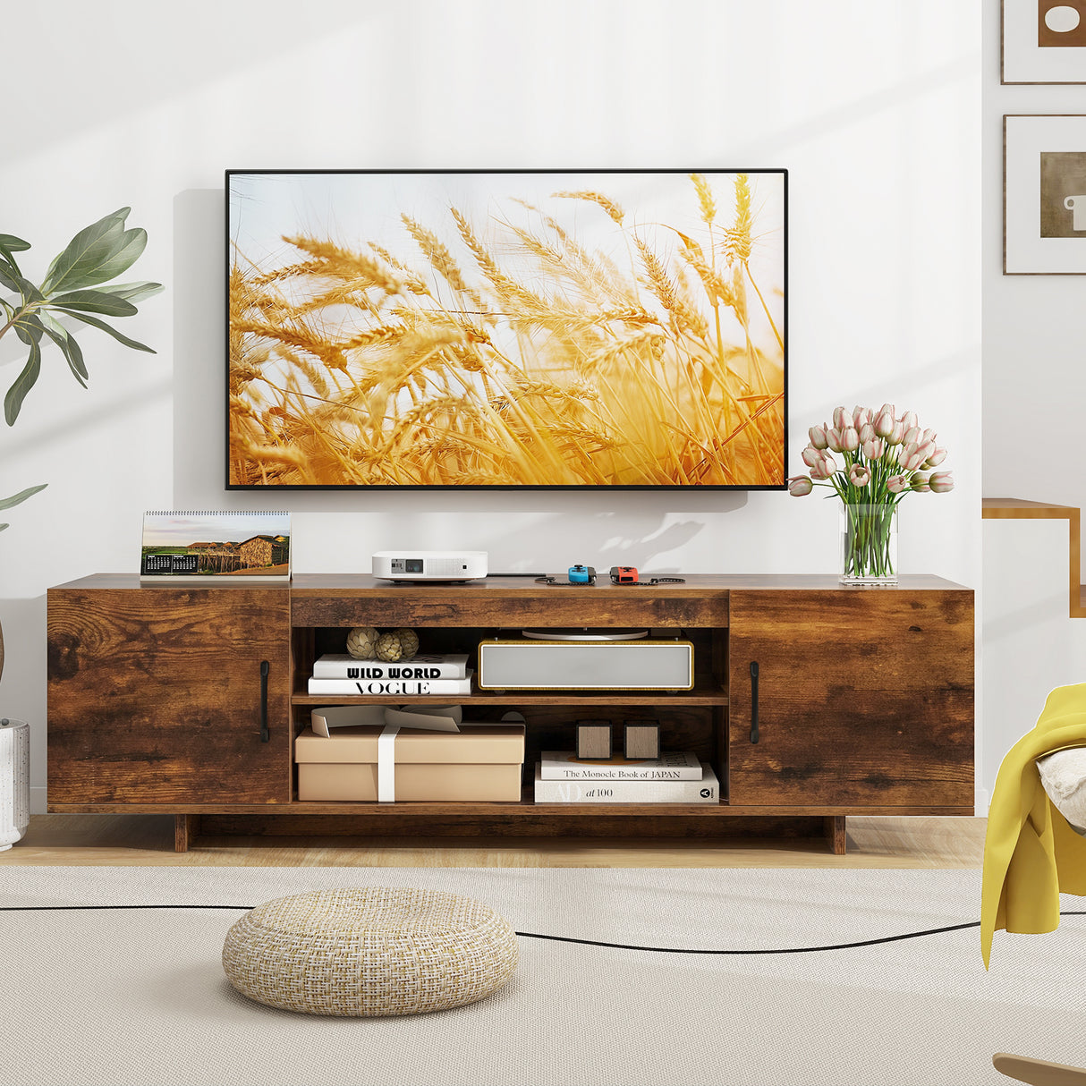 TV Stand with Power Outlet and 2 Cable Holes for 65 Inch TVs