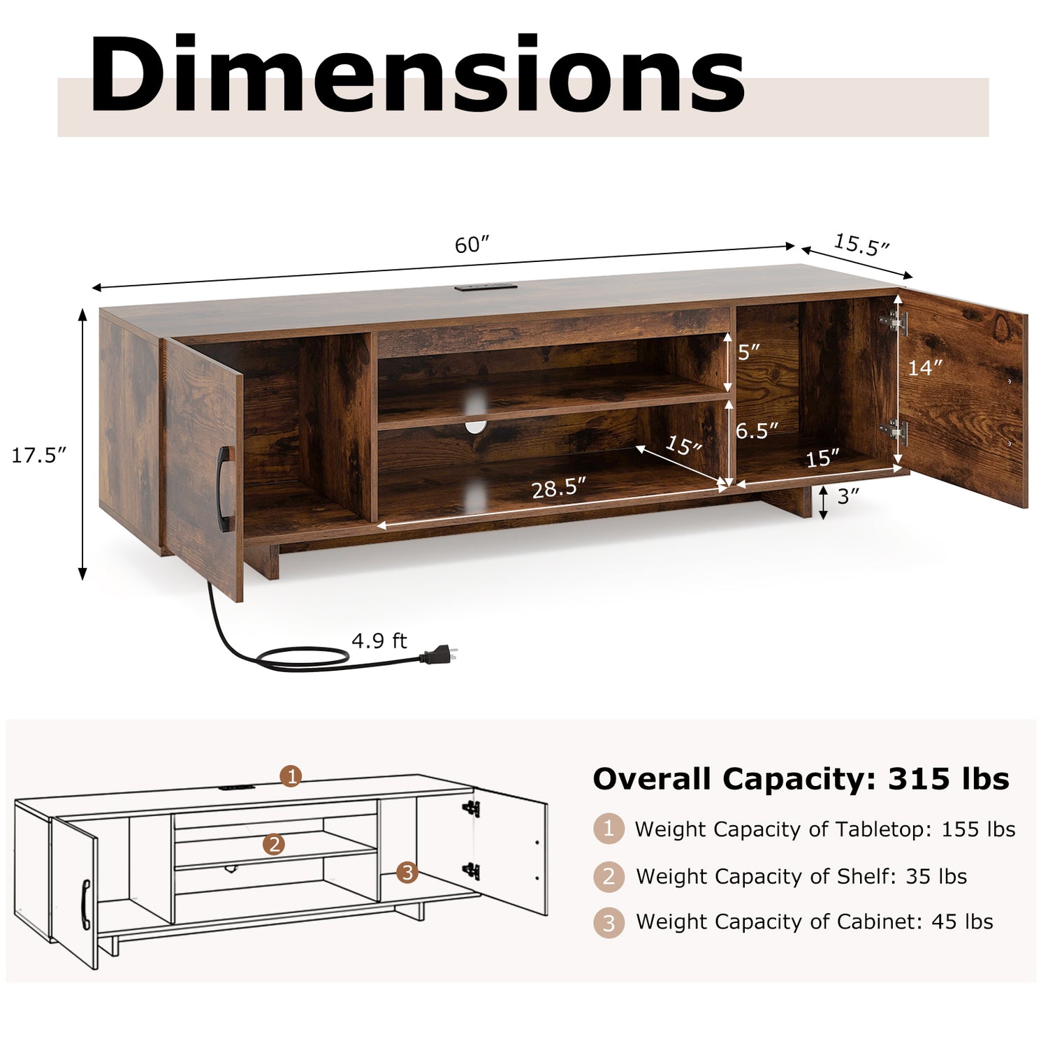 TV Stand with Power Outlet and 2 Cable Holes for 65 Inch TVs