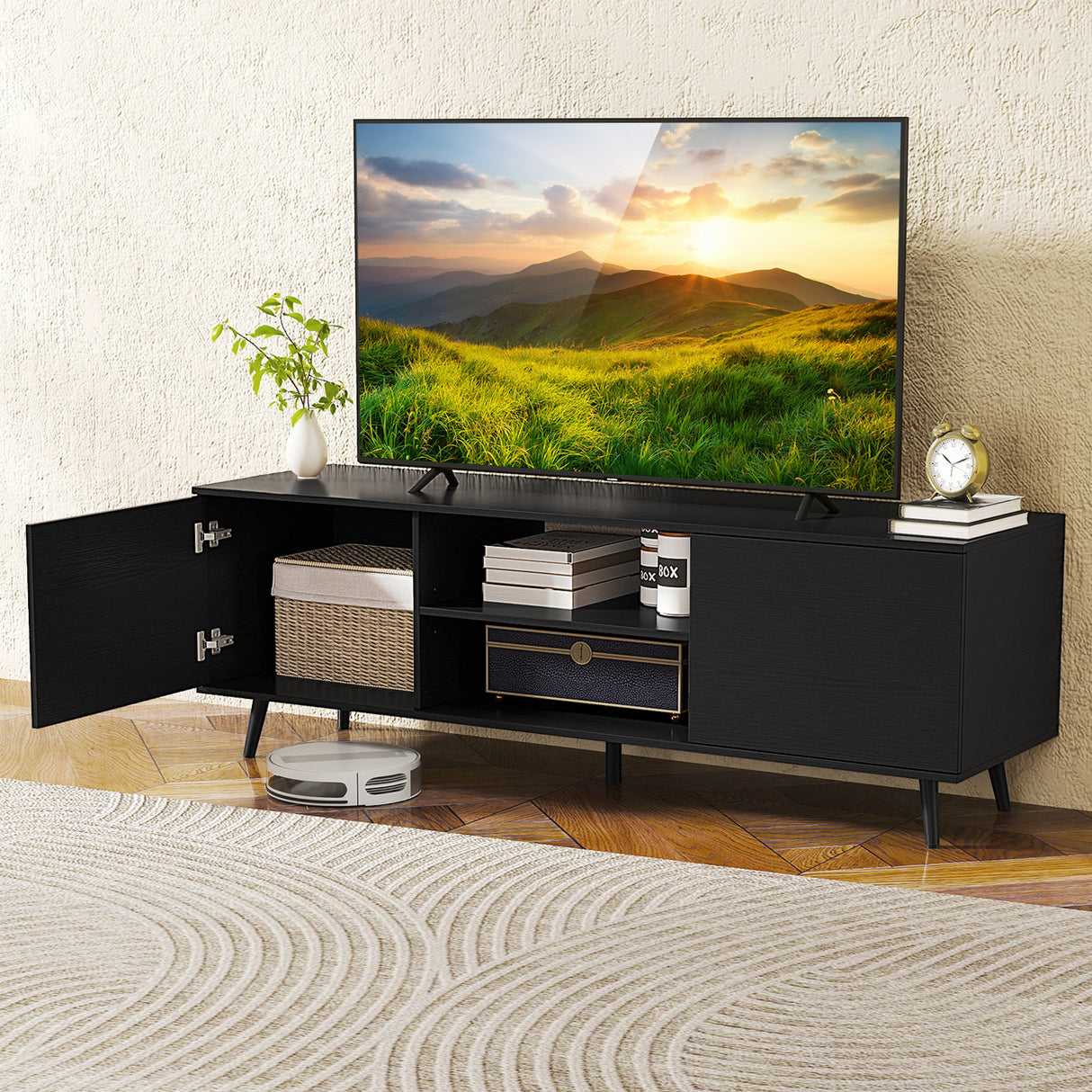 TV Stand with Power Outlets and Adjustable Shelf for 60 Inch TVs