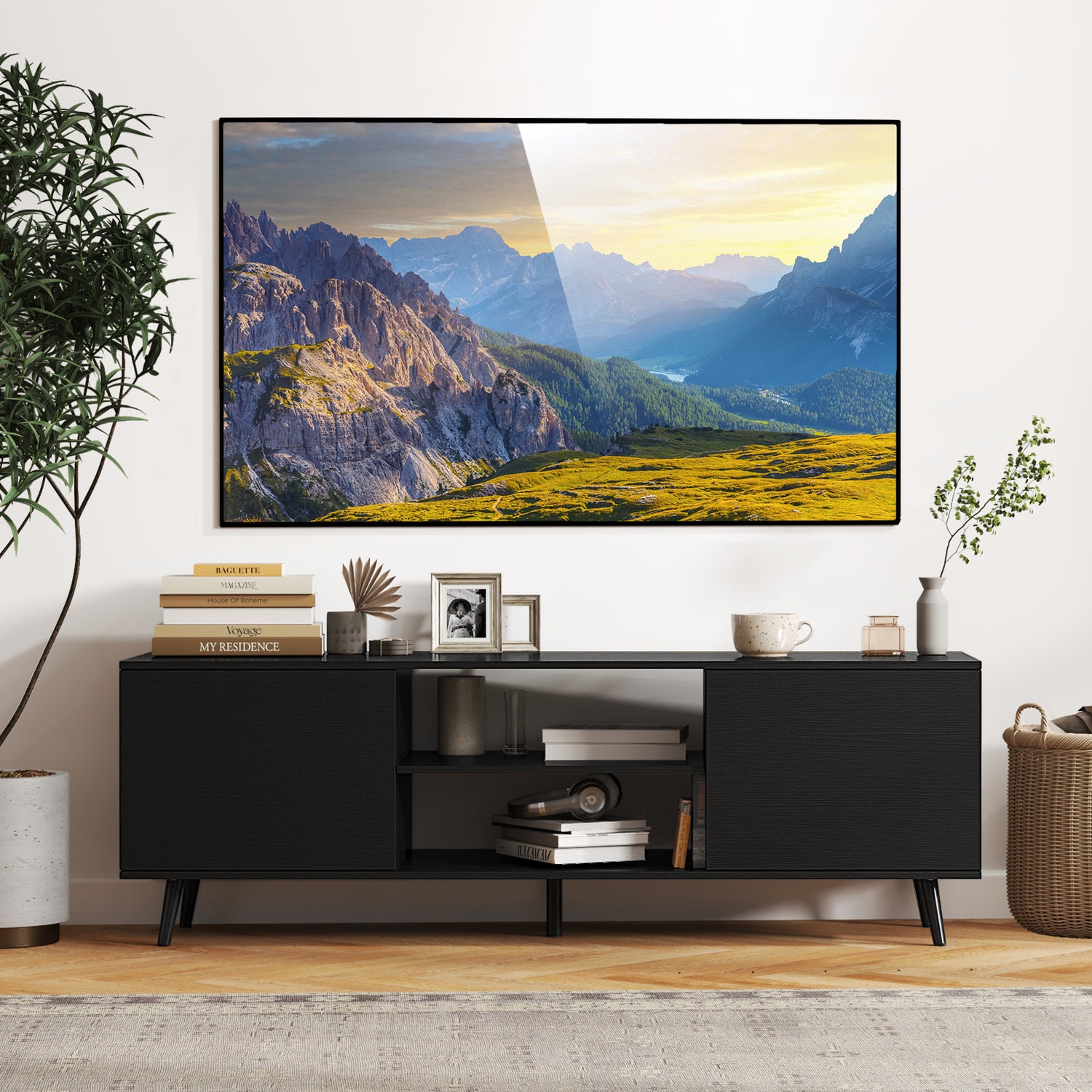 TV Stand with Power Outlets and Adjustable Shelf for 60 Inch TVs