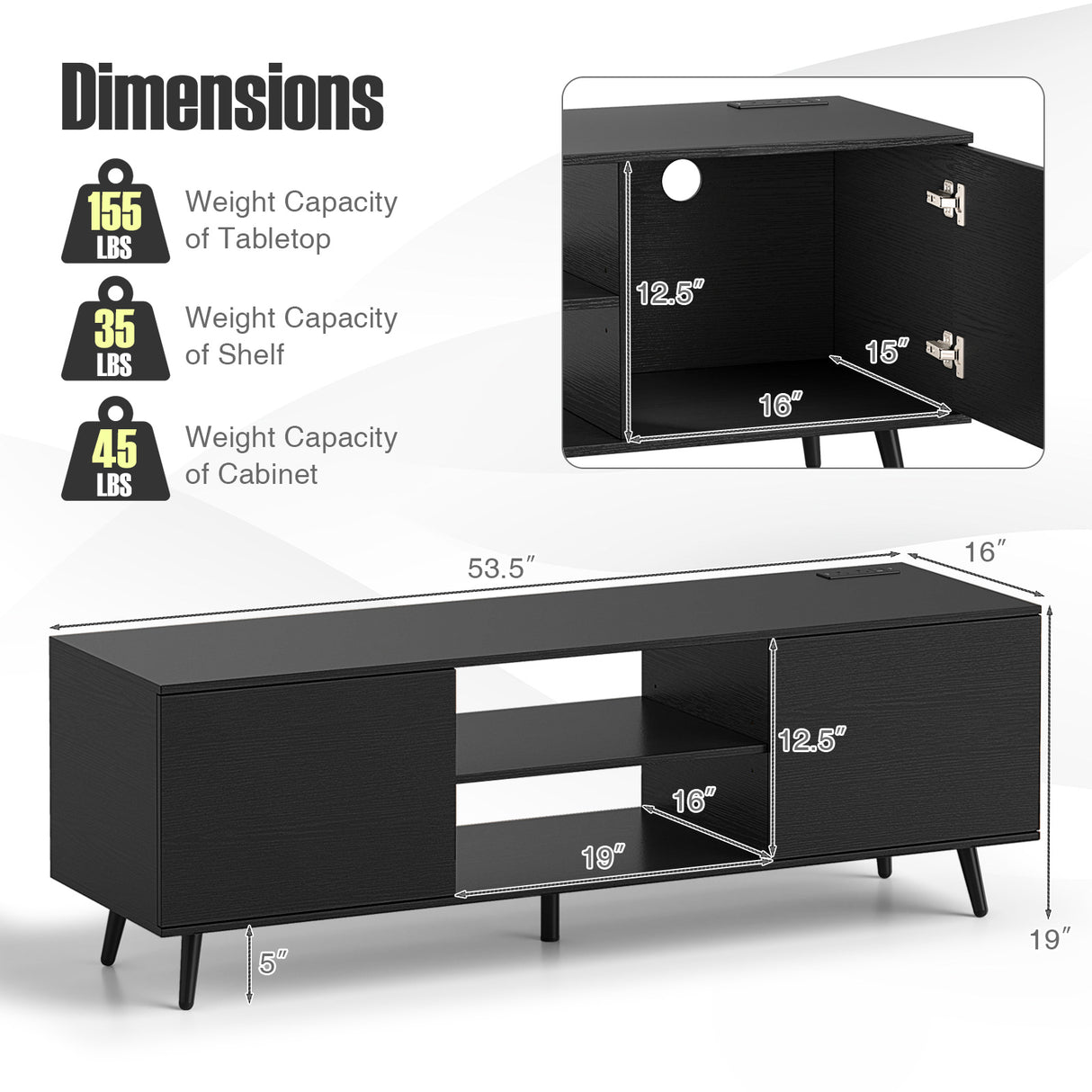 TV Stand with Power Outlets and Adjustable Shelf for 60 Inch TVs