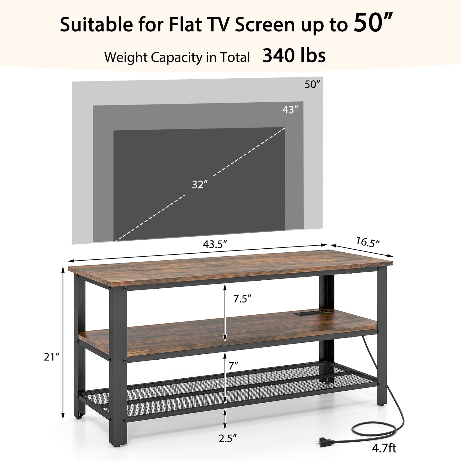 Industrial TV Stand up to 50 Inches with Power Outlets and USB Ports-Rustic Brown