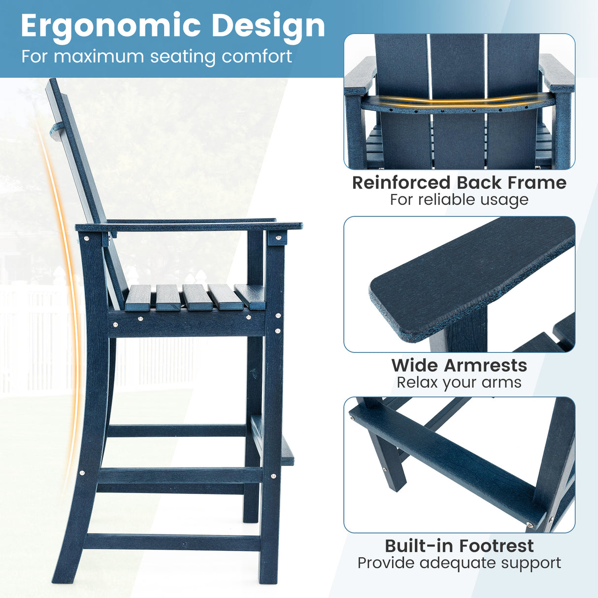 Tall Adirondack Chair Outdoor Bar Stool with Ergonomic Backrest for Backyard