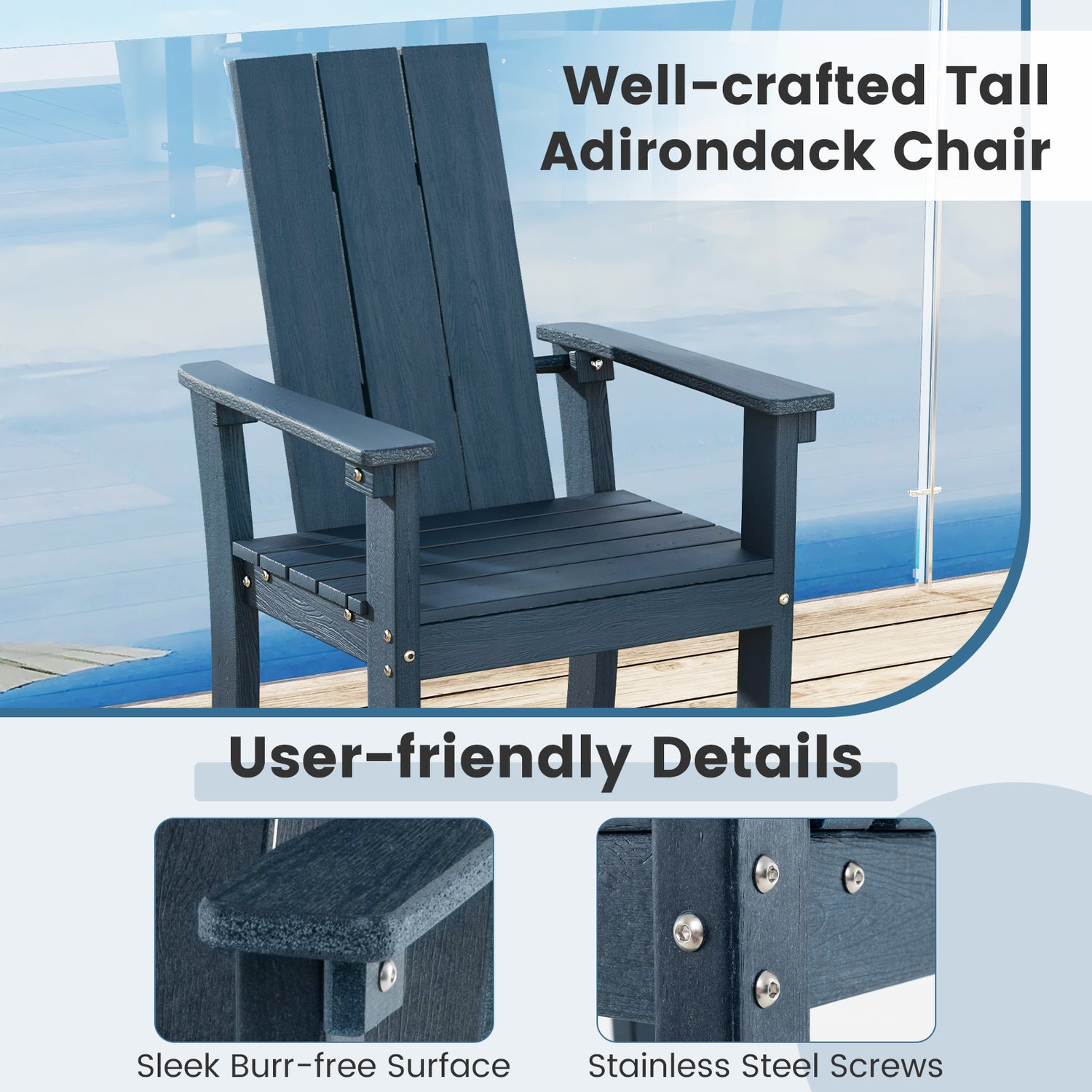 Tall Adirondack Chair Outdoor Bar Stool with Ergonomic Backrest for Backyard