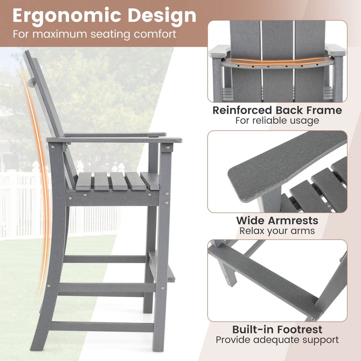 Tall Adirondack Chair Outdoor Bar Stool with Ergonomic Backrest for Backyard