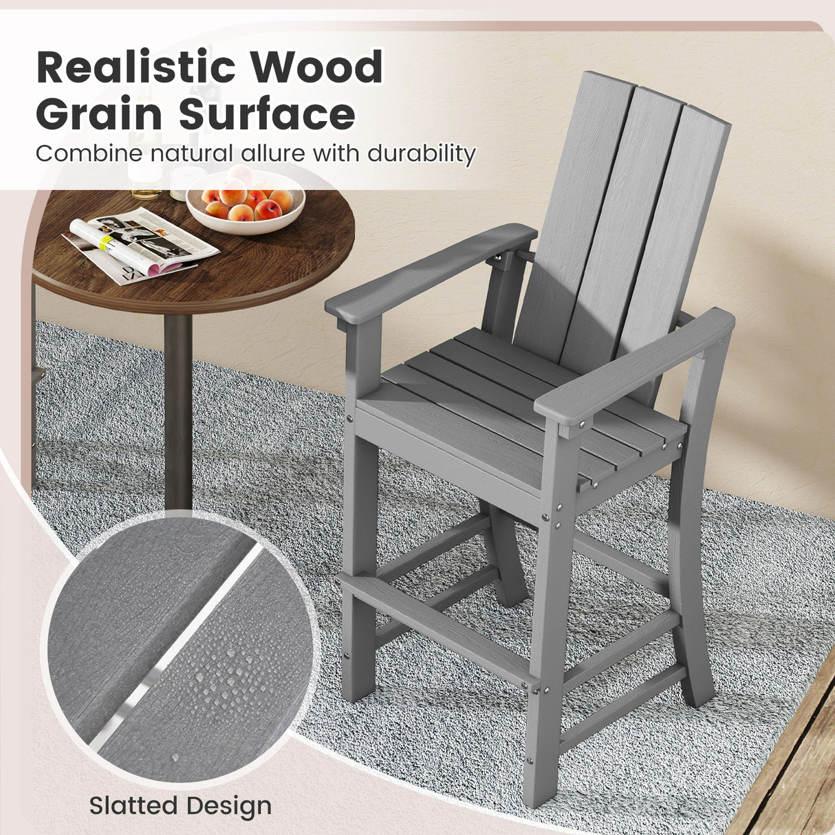 Tall Adirondack Chair Outdoor Bar Stool with Ergonomic Backrest for Backyard