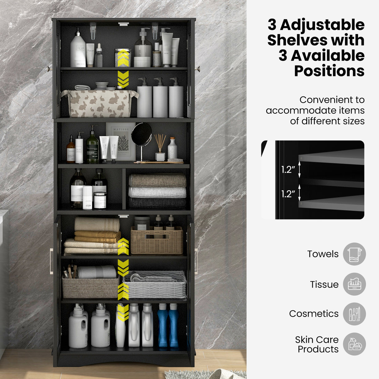 Tall Bathroom Cabinet Large Floor Storage Cabinet with Acrylic Doors and 3 Cubes